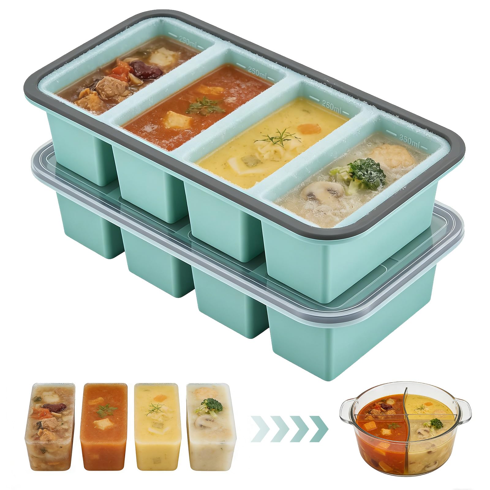 Vassoio per congelatore in silicone, vassoio per congelatore in silicone per cubetti di zuppa, stampo per cubetti di ghiaccio grandi, contenitore per congelatore extra large da 250 ml con coperchio