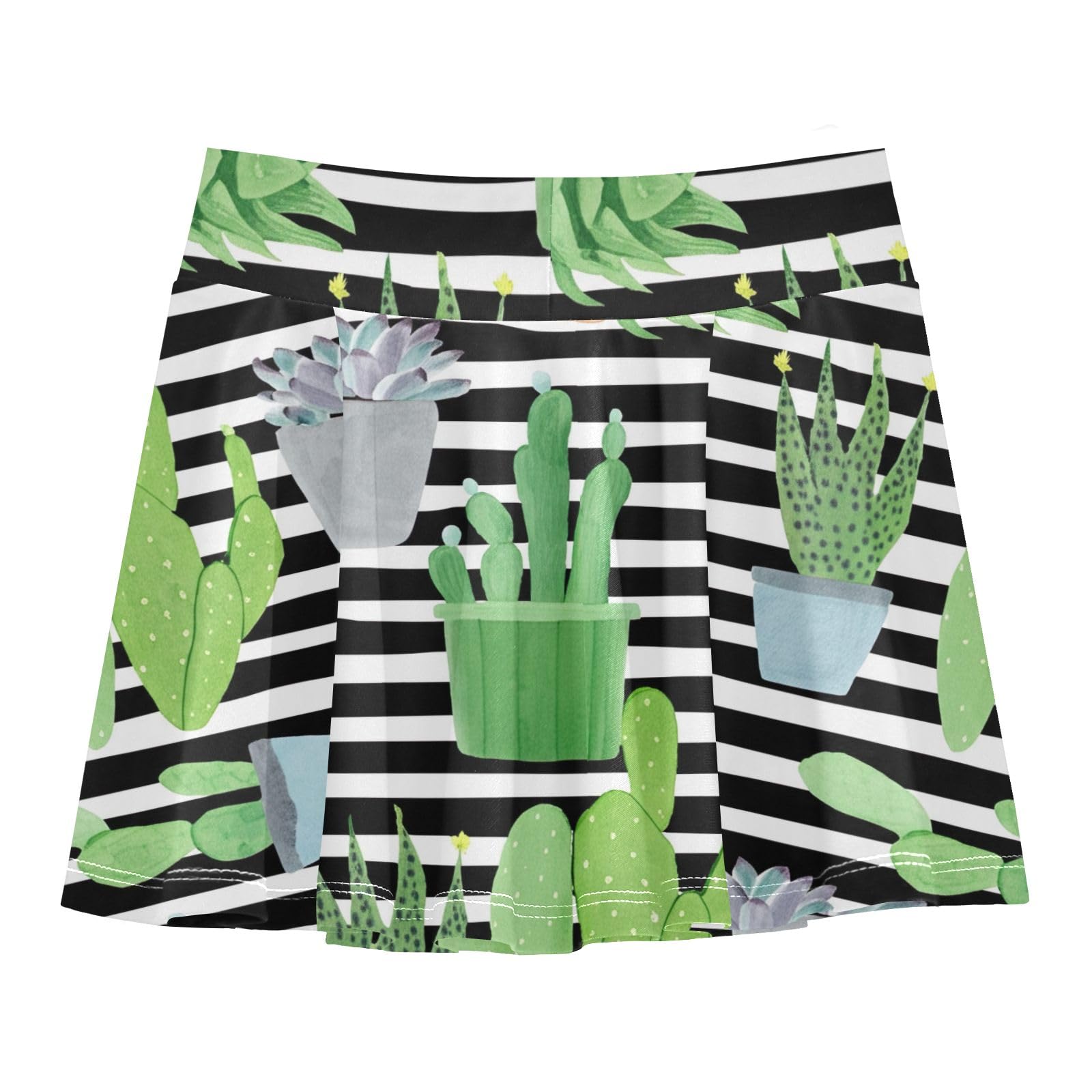 Little Girls 2-in-1 Skirts with Shorts Tennis Athletic Skort Cheer Workout Skirt Green Cactus Succulents White Black Stripes Size 5-6