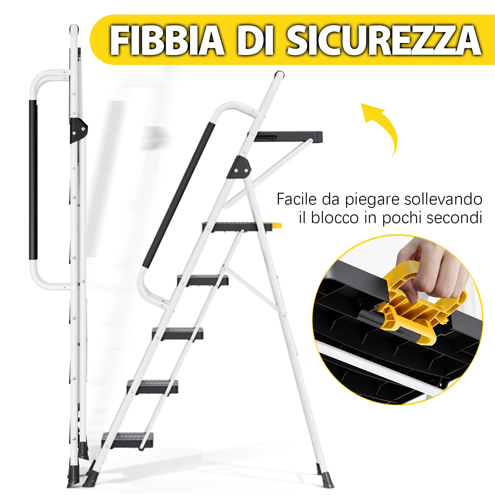 KINGRACK Scaletta 5 Gradini, Scala Pieghevole Portata 150 kg, con Blocco di Sicurezza, Vaschetta Portaoggetti, Ampio Pedale Antiscivolo, Corrimano, Scala Domestica per Casa Giardino Pittura, Bianco