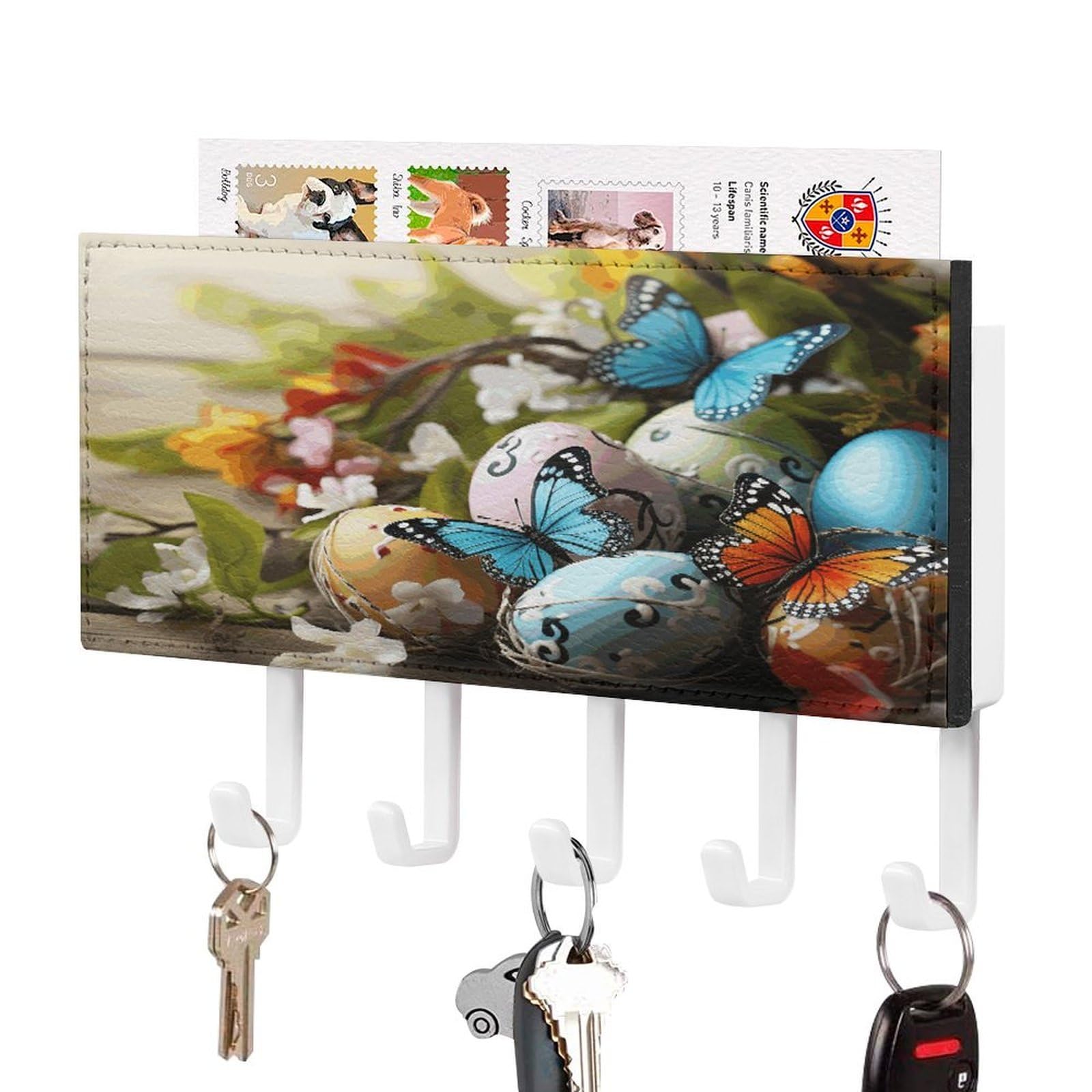 JTREHY Easter Eggs with Butterfly Key Holder Wall Mount Decorative Key and Mail Holder PU Leather Adhesive Key Organizer Hanging Key Hooks Wall Shelf with 5 Hooks for Entryway Hallway Office