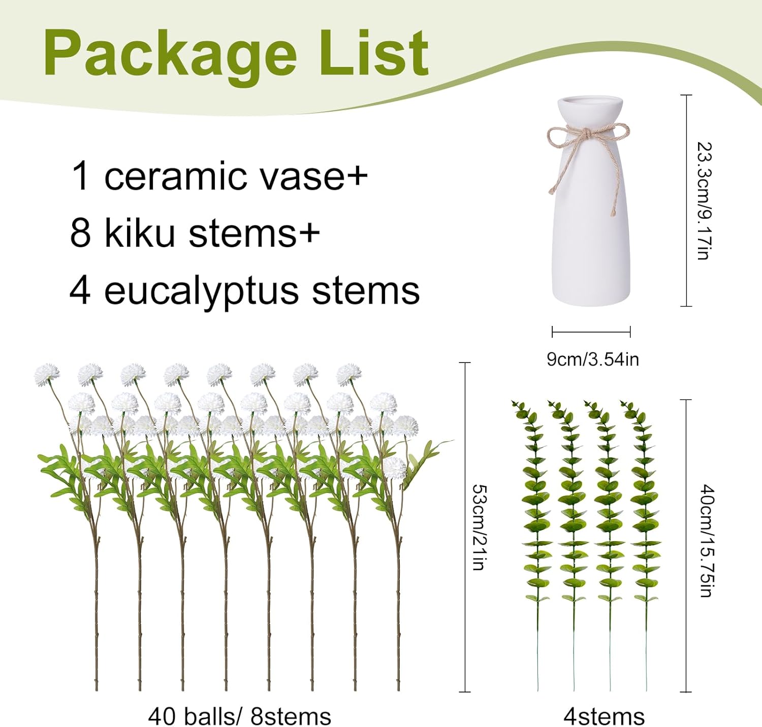 12pcs White Artificial Flowers with White Ceramic Vase Included,Fake Flowers in Vase,Table Centerpieces for Dining Room Eucalyptus Faux Chrysanthemum Mums Silk Flowers Floral Arrangements Home Decor