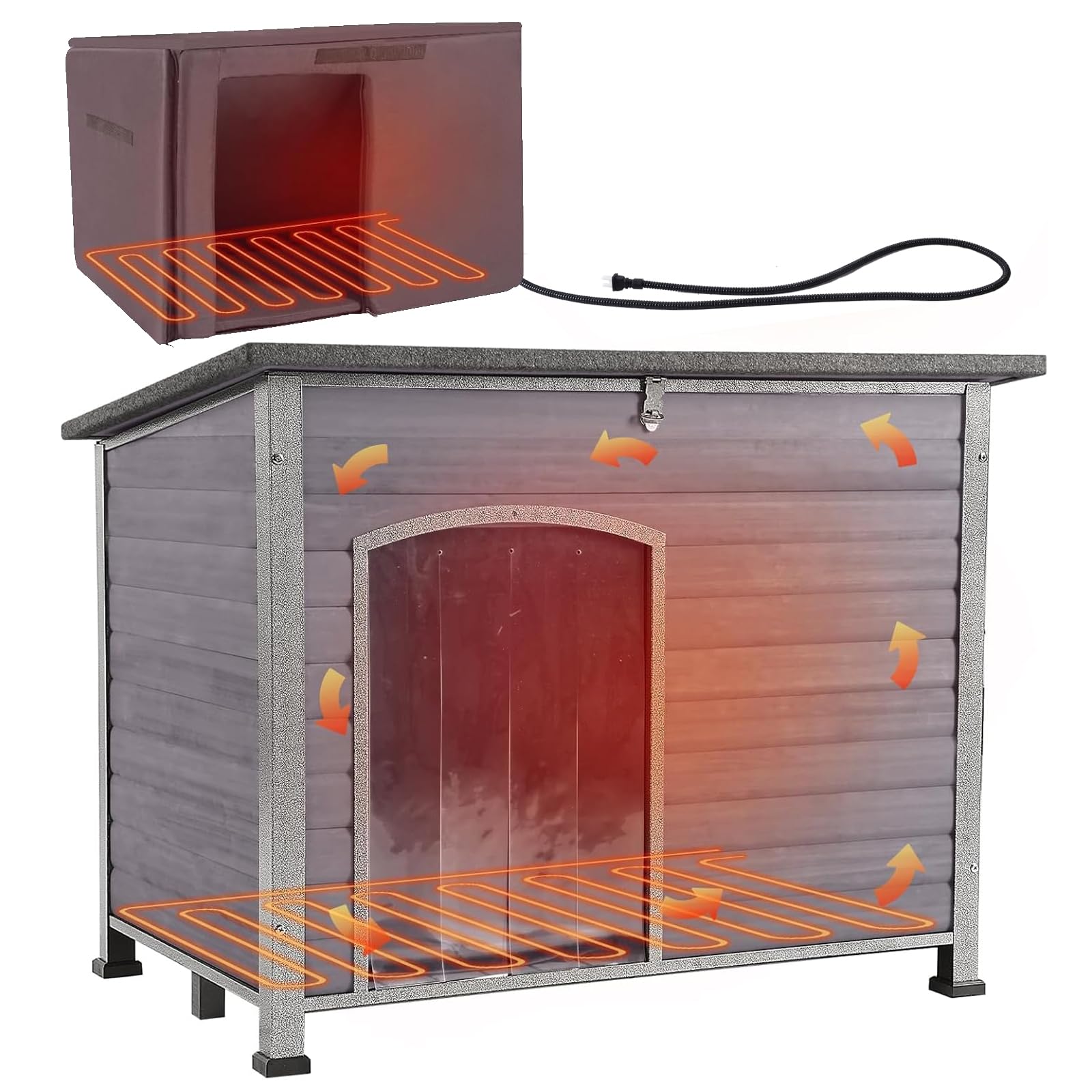 Aivituvin Heated Dog House Outdoor Dog Kennel with Insulated Liner All-Around Iron Frame Large Dog Cage for Small &amp; Medium &amp; Large Dogs,Waterproof Roof