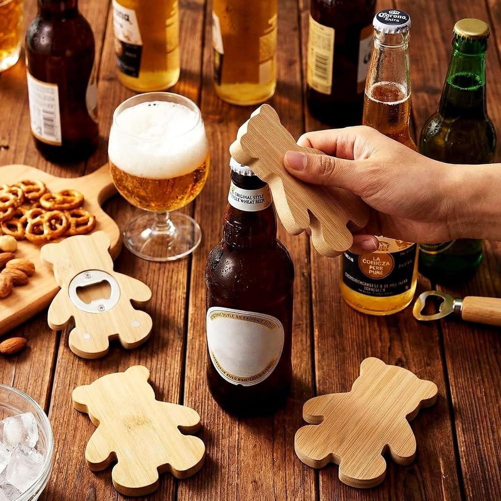 24 Piezas Abrebotellas Magnéticos 2.5" Forma de Oso de Bambú DIY Abrebotellas de Madera para Cerveza Imán de Refrigerador Regalo