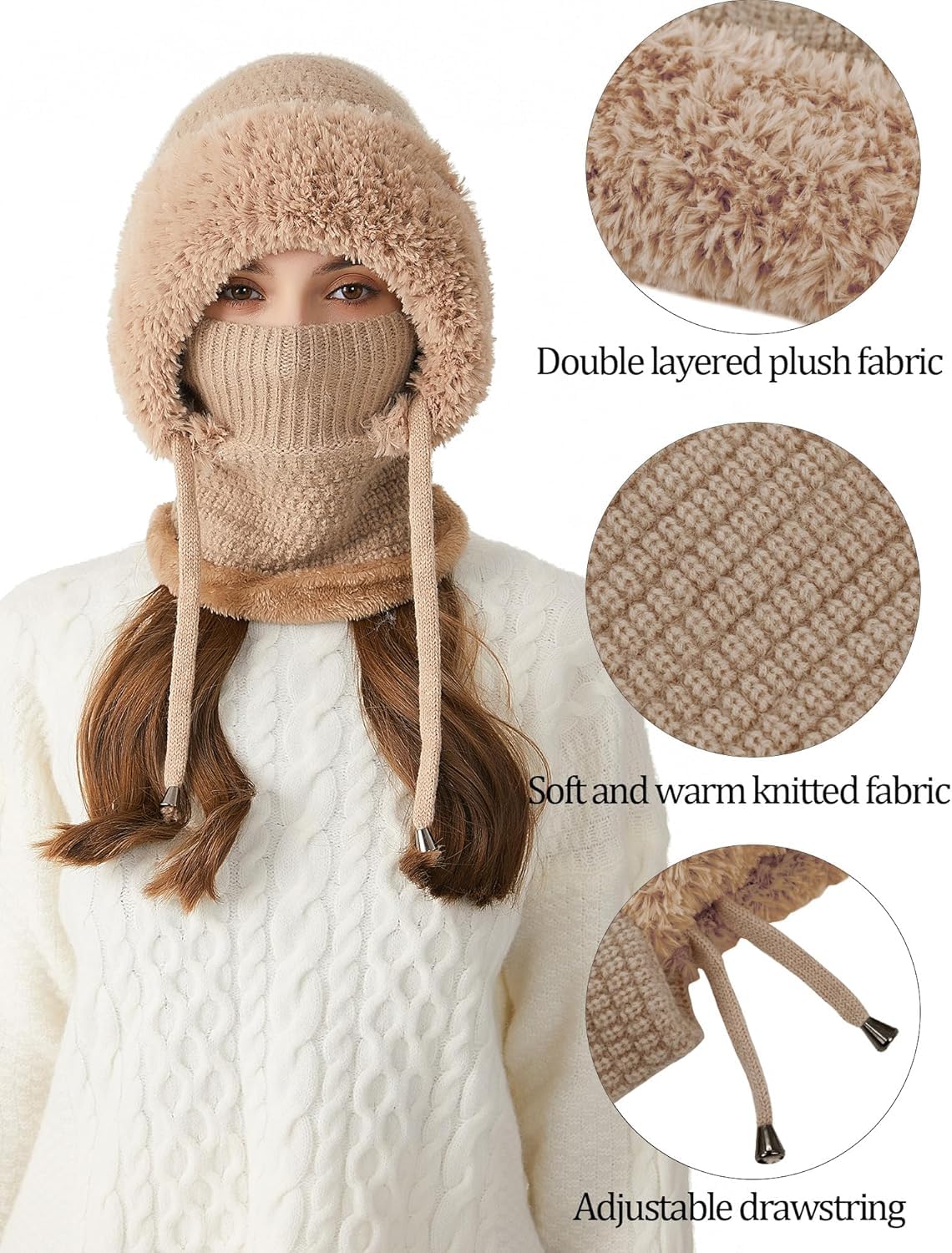 Czapka beanie 3 w 1 dla kobiet, dzianinowa kominiarka odporna na zimno czapka zimowa, wiatroszczelna czapka szalik na zewnątrz
