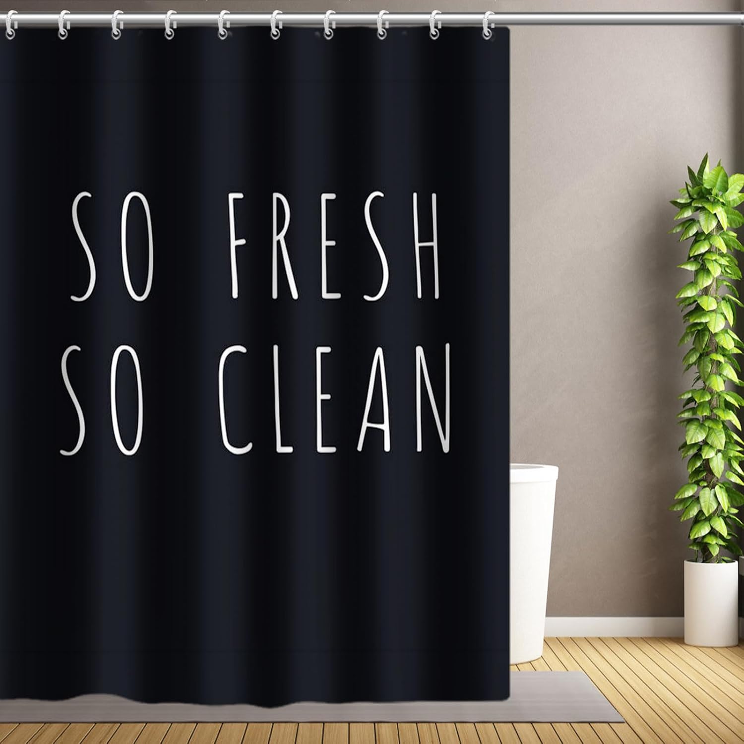 Yeele Black Shower Curtain Waterproof Fabric Polyester SO Fresh SO Clean Letters Funny Bathtub Curtains Modern Unique Bathroom Decoration Set with Hooks,60x72in