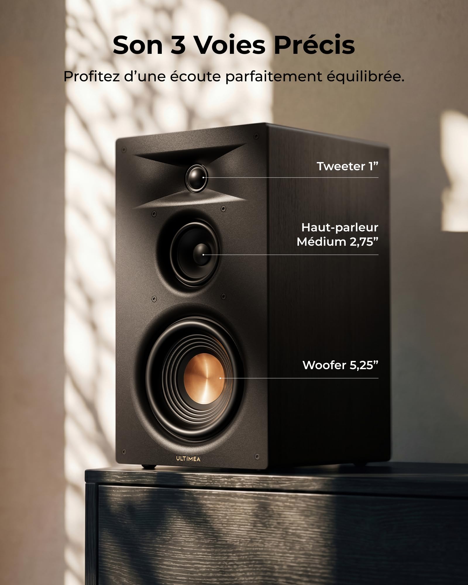 ULTIMEA Enceintes Bibliothèque Actives 3 Voies avec Woofer 5,25'', 70W RMS, App, Edge Horn & BassMX, Sortie SUB & HDMI Arc pour Home Cinéma, PC, Bluetooth 6.0, Auracast, Design sans Grille, BS-3