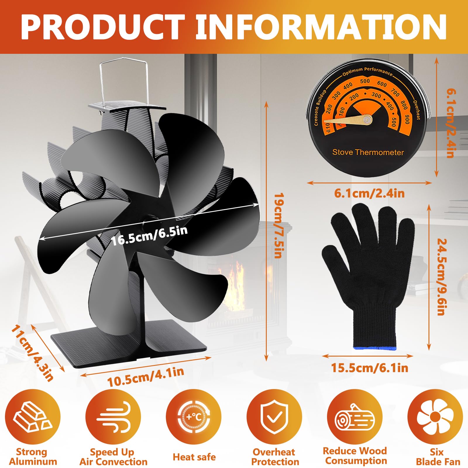 Ventilador de chimenea,Ventilador de estufa de 6 palas,con termómetro magnético y Guantes,Circulación de Aire Caliente,Ventilador no eléctrico,para leña/leña/chimenea para estufas de leña.