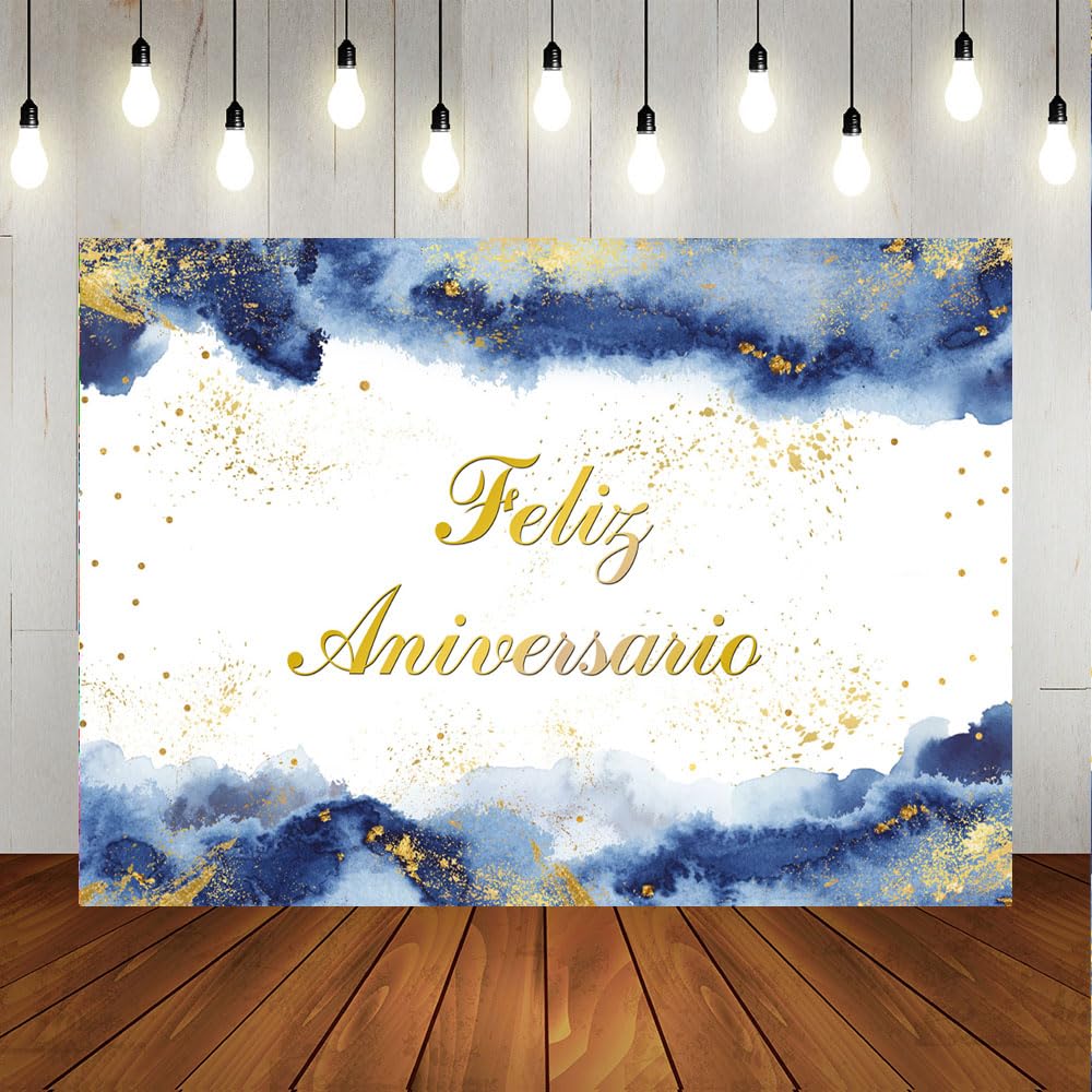 Lofaris Feliz Aniversario Backdrop Party Decorations Happy Anniversary Blush Blue Watercolor Clouds Gold Glitter Photography Background Carnival Bday