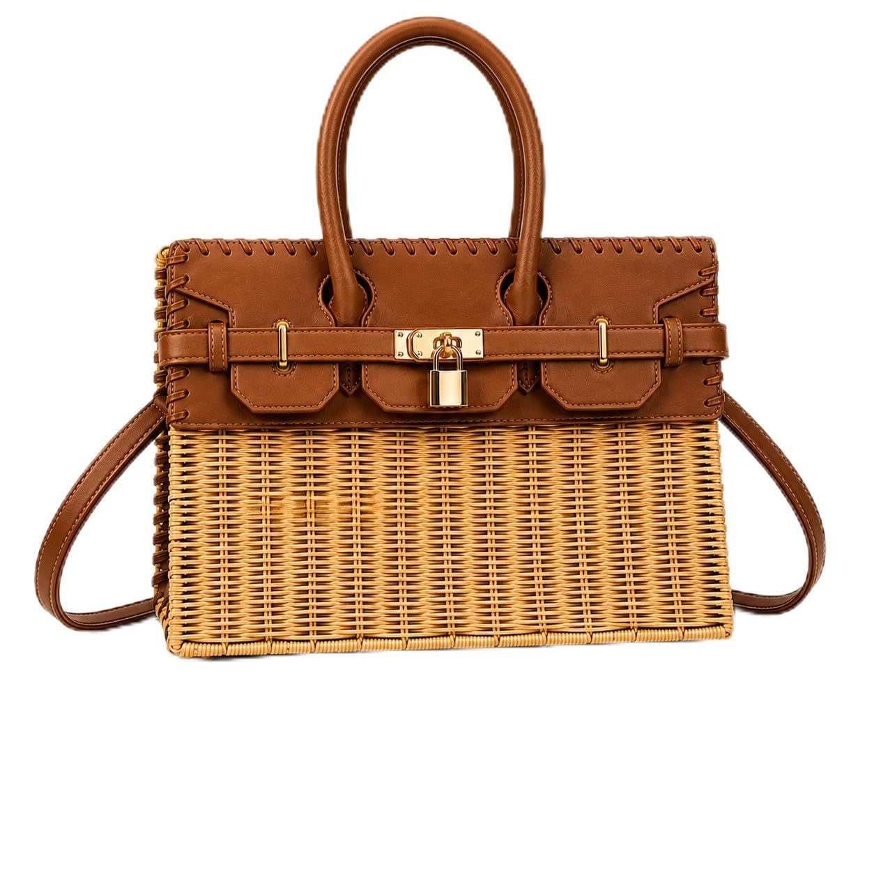 Bolso de Mimbre para Mujer con Asa y Bandolera, Bolso de Ratán y Piel Sintética, 30 x 22 x 12 cm, Bolso de Mano y Hombro para Playa, Viajes y Uso Diario