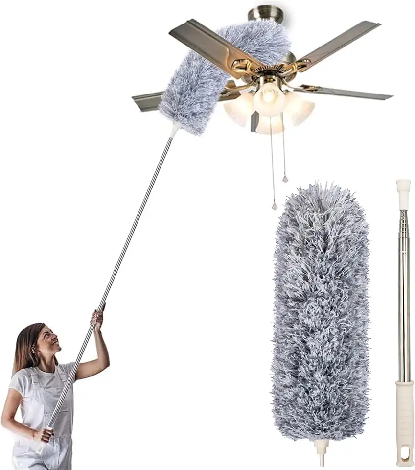 Espanador De Pó Haste Extensivel 2,80 Metros Flexivel Microfibra Lavavel Cabo Ajustavel Aço Inox Limpeza De Teto Persiana Ventiladores Lugares Altos