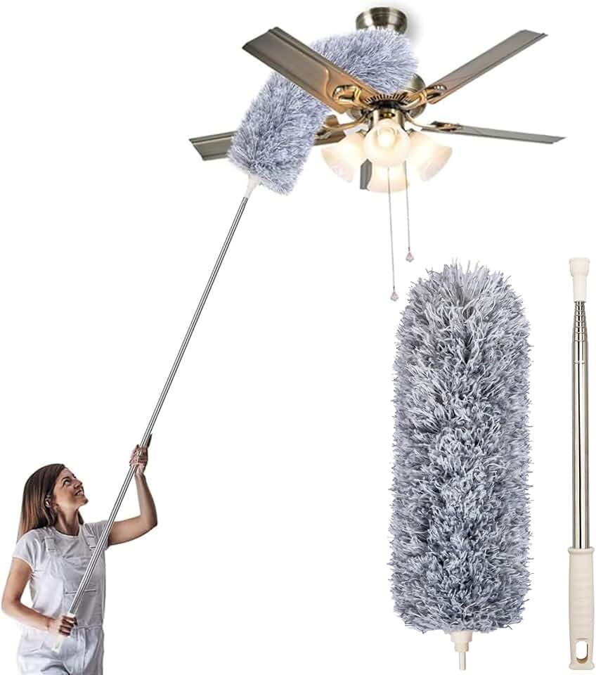 Espanador De Pó Haste Extensivel 2,80 Metros Flexivel Microfibra Lavavel Cabo Ajustavel Aço Inox Limpeza De Teto Persiana Ventiladores Lugares Altos
