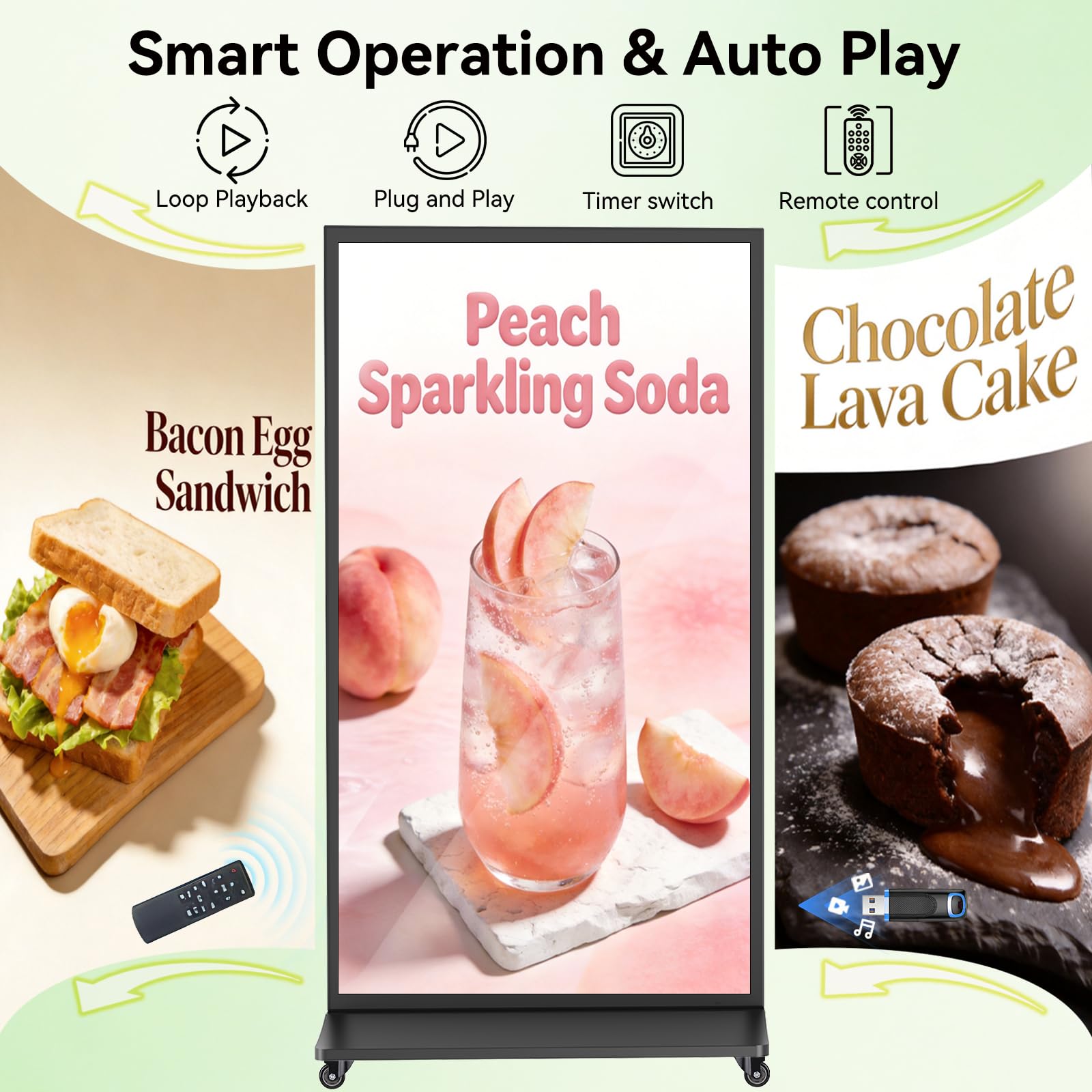MWE 85 Zoll Digitaler Kundenstopper, 4K UHD Digital Signage Display, Full-Screen LCD Digital Customer Stopper, Werbedisplay mit Rollen, geeignet für Restaurant, Einkaufszentrum, Einzelhandel