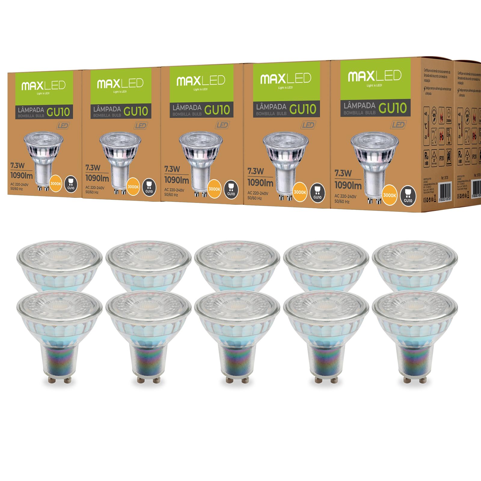 Ampoules LED GU10 7.3W Équivalent Halogène 55W 1090 Lumens Lampe à Réflecteur Blanc Chaud 3000K 30° Spot Ampoule GU10 Led Efficacité Energétique Non dimmable AC 230V Lot de 10