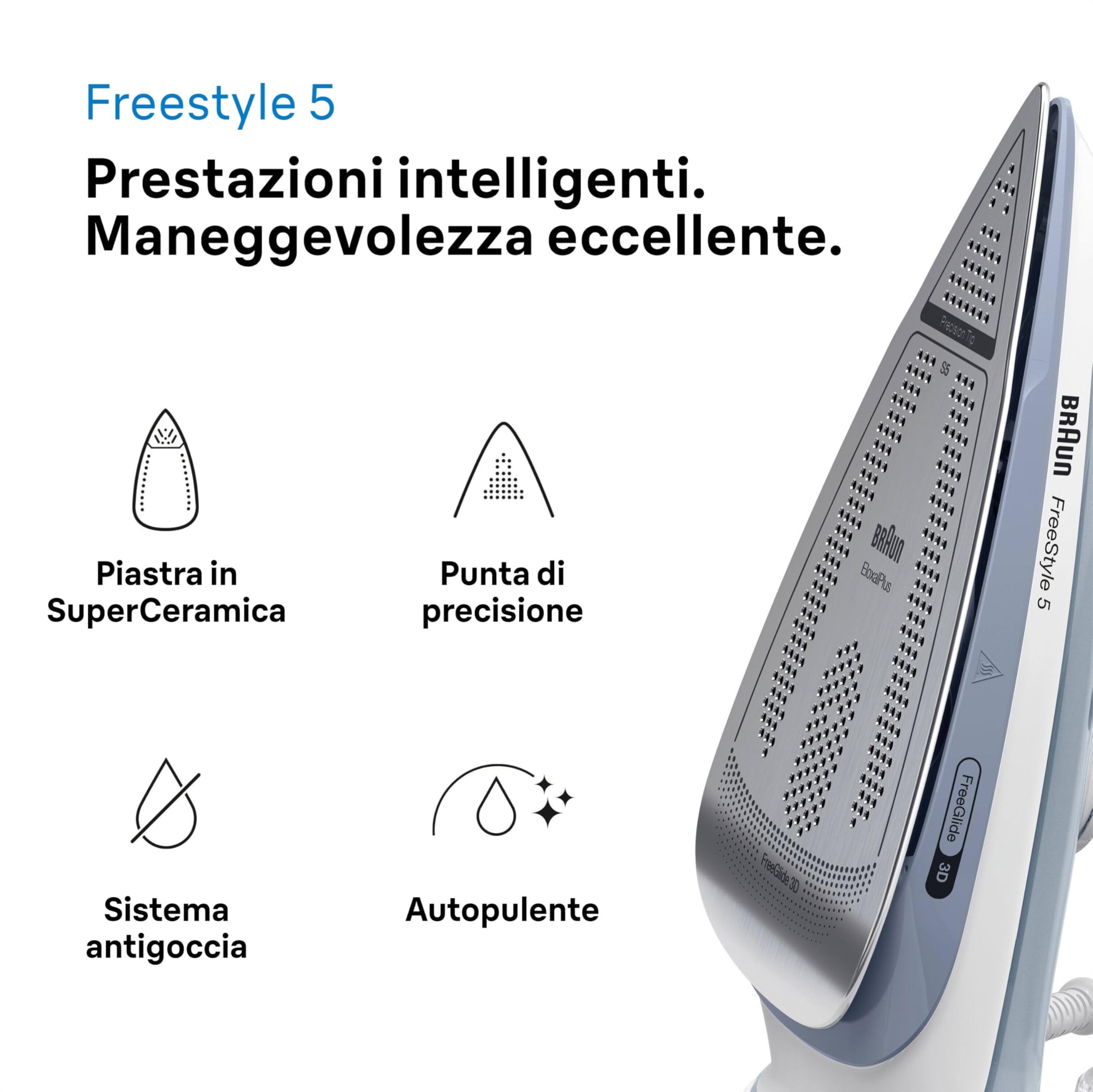 Braun Freestyle 5 – Ferro da Stiro a Vapore con Piastra FreeGlide 3D, Vapore Potente e Funzione Anti-Goccia, Colpo Vapore per Pieghe Ostinate, Serbatoio Ampio, Grigio (SI5078GY)