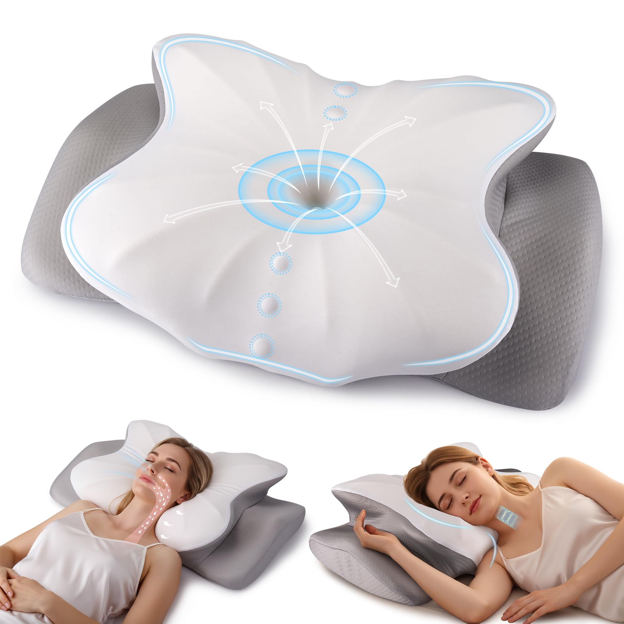 Cervical Pillow for Neck and Shoulder Support Ergonomic Contour Pillow for Pain Relief 2 Heights Cooling Memory Foam