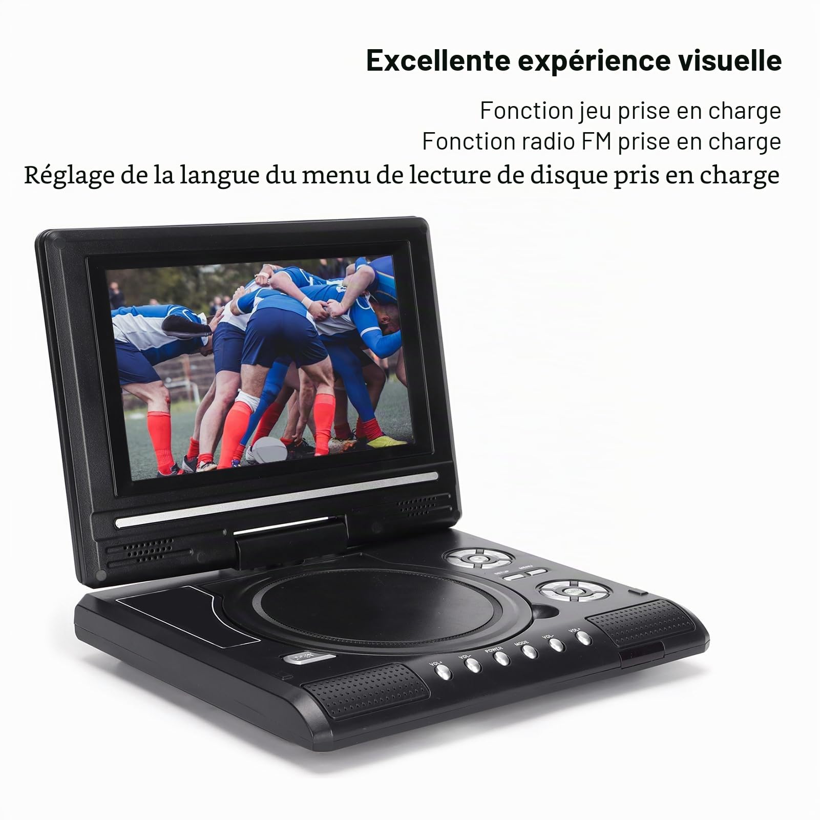 Lecteur DVD HD Portable avec écran Pivotant, Deux Haut-parleurs Stéréo, TV Analogique, Port USB, Lecteur de Cartes, Batterie Longue Durée, Rotation à 270°, Multifonction pour la