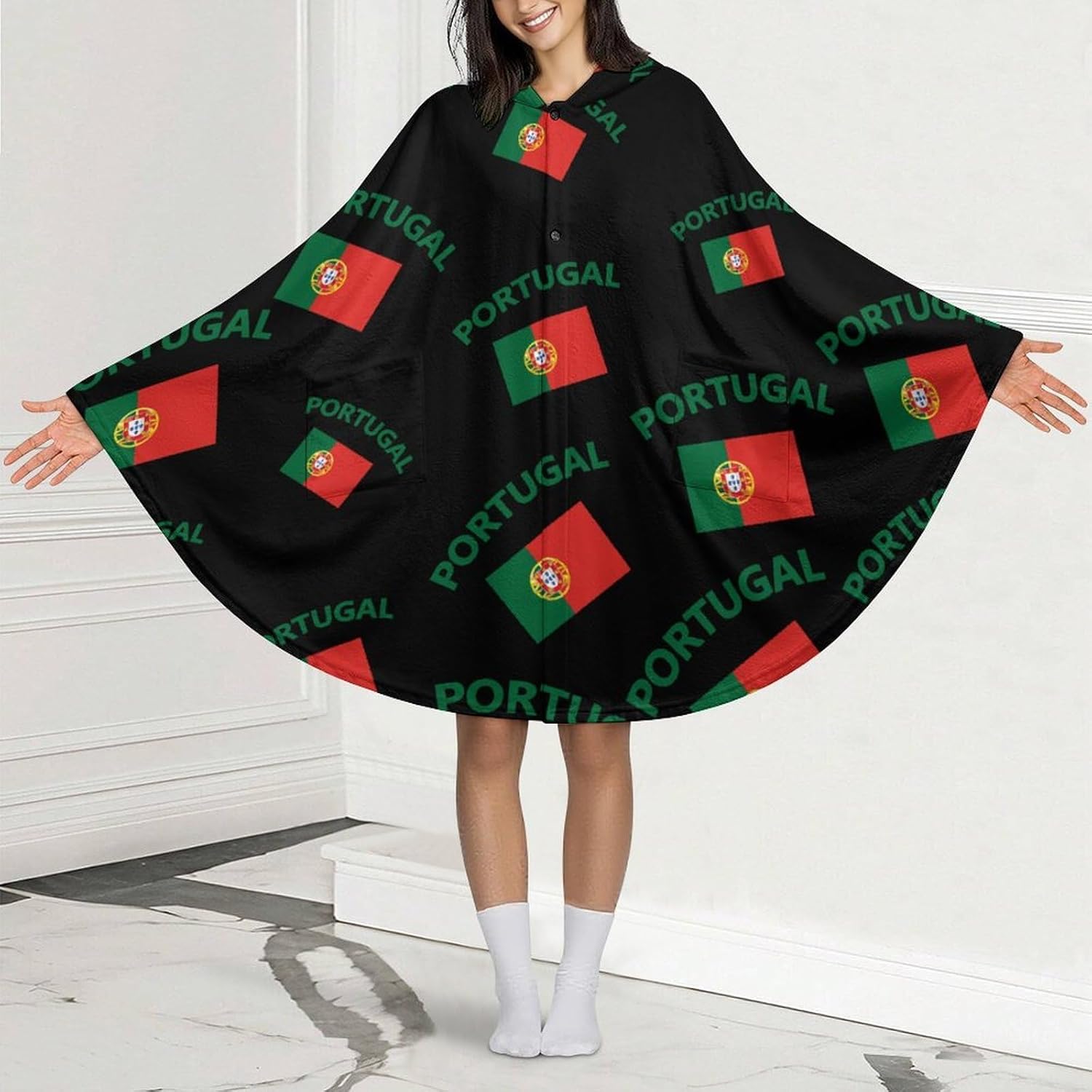 Portugal Flag Wearable Blanket with Hooded Flannel Blankets Cape with Pocket