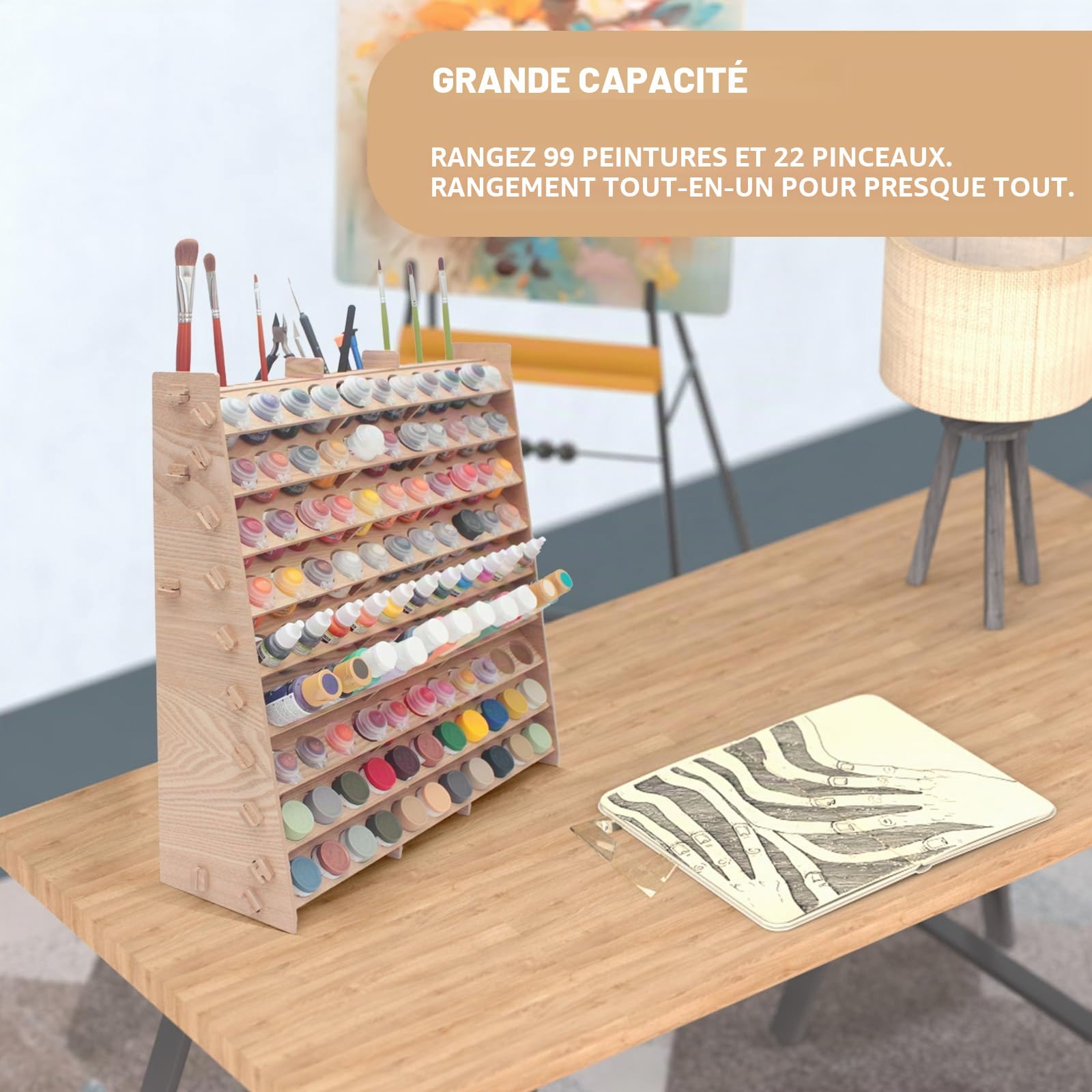 Organiseur de Peinture Extra Large en Bois à 9 Niveaux pour 99 Bouteilles et Pinceaux - Acrylique, Huile Artisanale, Loisirs Créatifs - Mini Station pour Artistes
