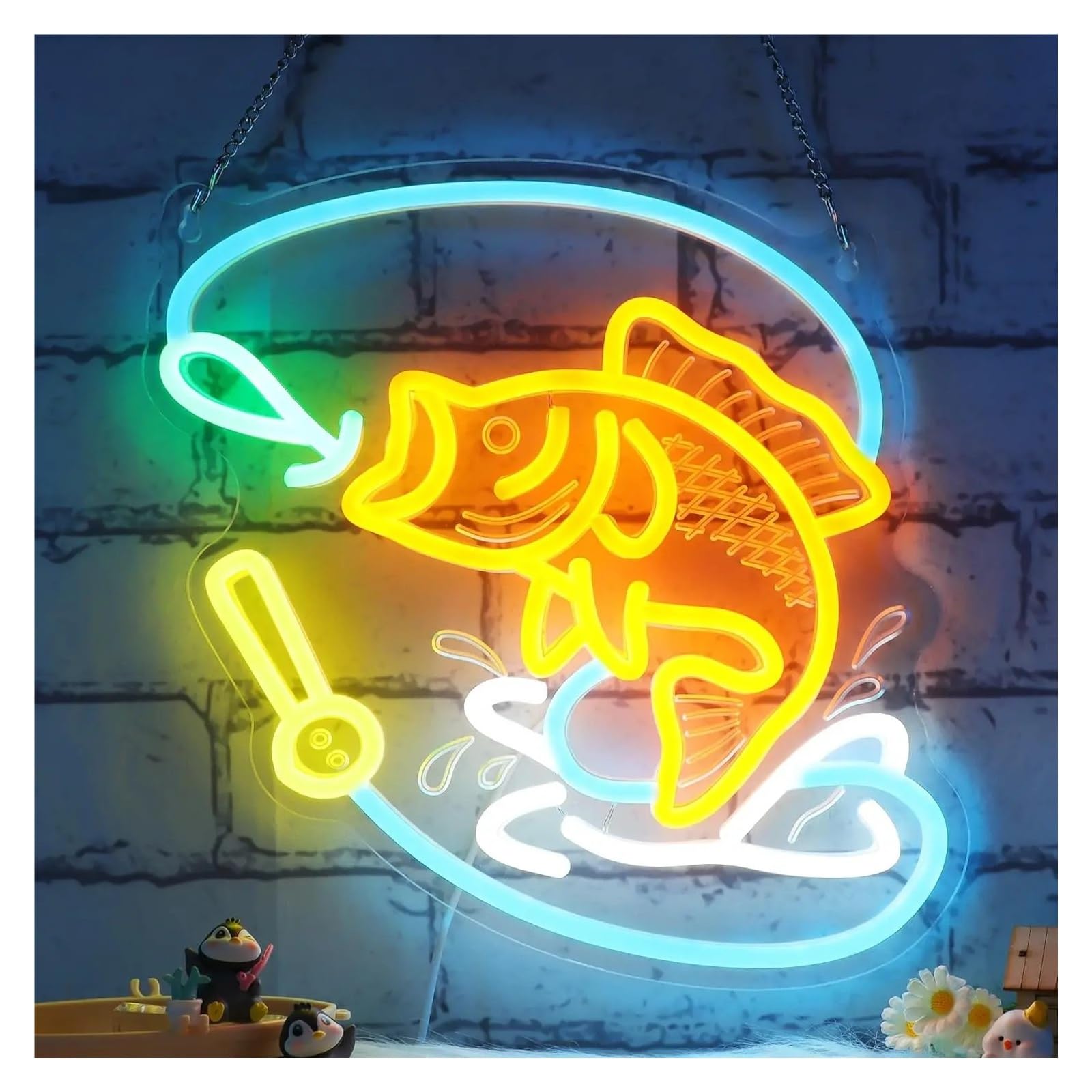 XENITE Hanging Art Neon Signs Fishing Neon Sign USB Dimmable LED Light for Store Club Tiki Bar Party Gaming Room Bedrooom Decoration 40x39cm