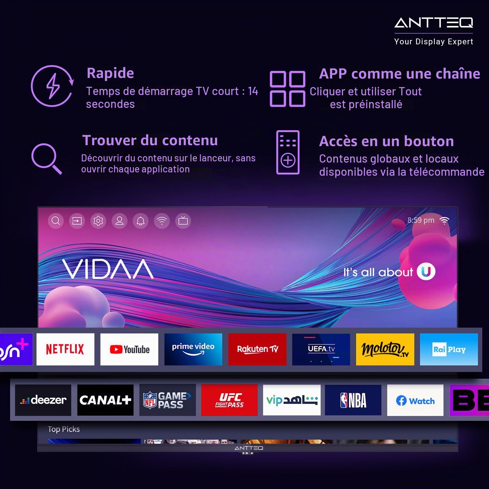 Antteq V32-AH3Q1D-BT Smart TV 32 Pouces Bluetooth (Television 80cm,Vidaa OS Télévision avec Appli Mobile,APP Store,Share to TV,Netflix/DAZN/WiFi,HDMI,2026