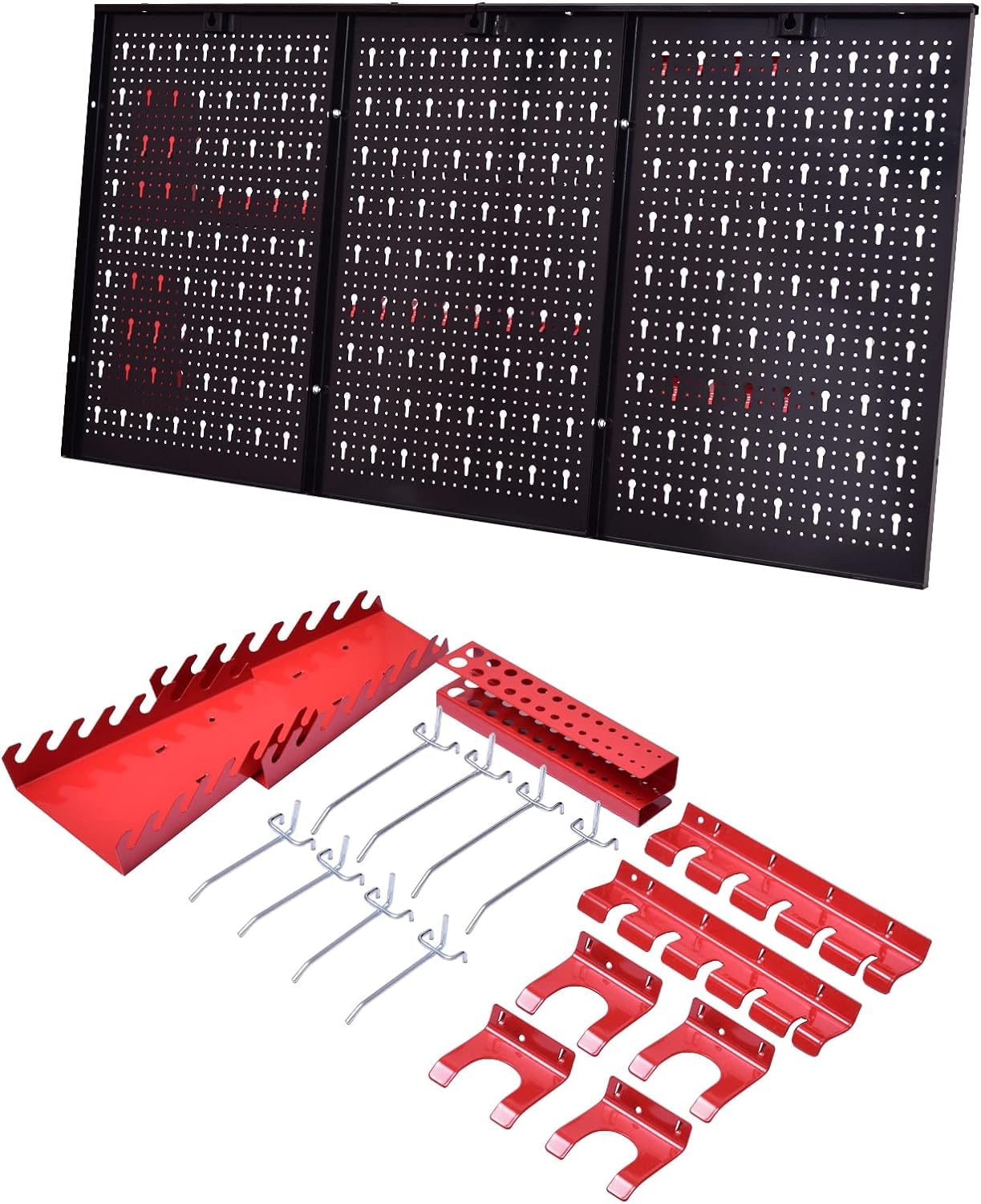 GYMAX Panel para Herramientas de 120 x 60 x 2 cm, Panel Perforado de Metal, Sistema de Almacenamiento con Ganchos y Portaherramientas, Set de Soporte para Herramientas para Taller