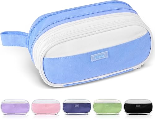 Miniatura 12 de Sooez Estuche grande para lápices, bolsa de lápices expandible con 5 compartimentos, organizador de lona de gran capacidad con cremallera, bolsa
