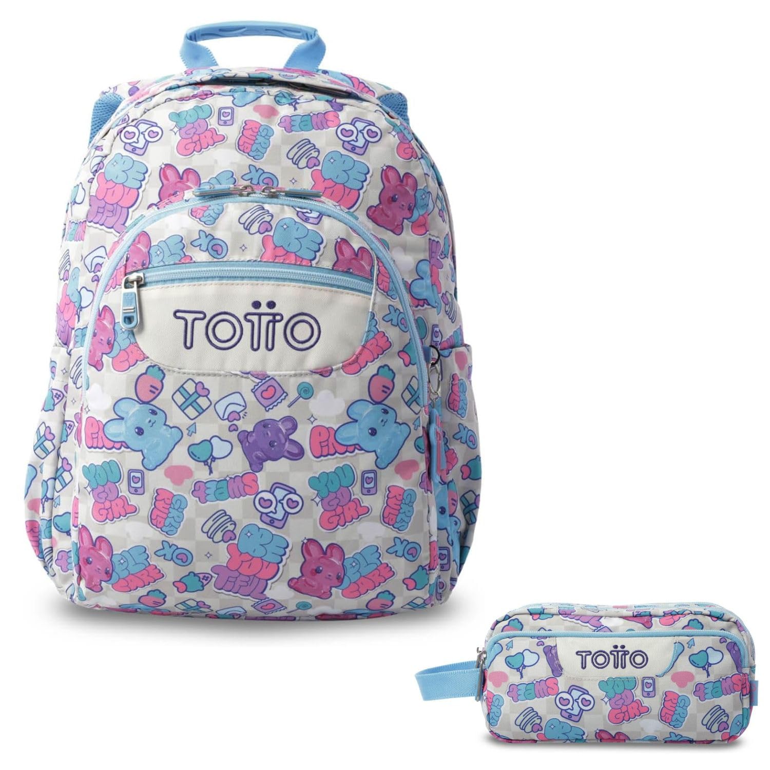 TOTTO - Pack Mochila Escolar Adaptable a Carro, 20L, Modelo Acuareles + Estuche 3 Compartimentos Modelo Agapec