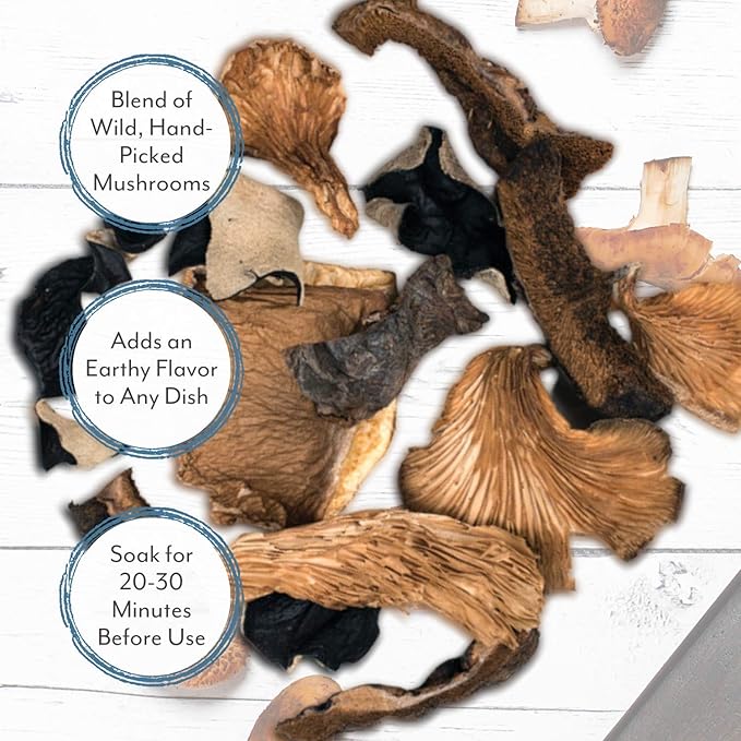 To rehydrate these dried mushrooms, simply soak them in warm water for approximately 20 minutes or until they've softened. Once rehydrated, they can be used in recipes that call for fresh mushrooms. Alternatively, they can be ground into a powder to create a unique mushroom seasoning or broth.