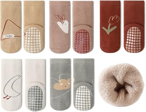 Miniatura 8 de Exegawe Calcetines antideslizantes para bebé 5 pares de calcetines gruesos y cálidos con agarres para niñas y niños calcetines antideslizantes