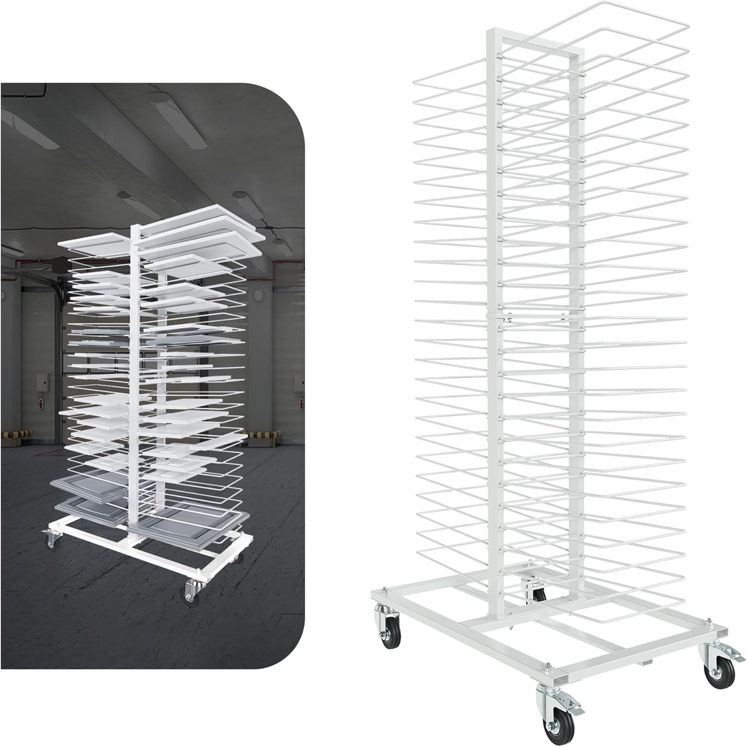 50 Shelves Paint Drying Stand Rack w/4 Caster for Dry Cabinet & Full Size Doors, Shelves, Paint Shops Door Painting Stand - Space Saving, Movable, 25lbs/Shelf Capacity White
