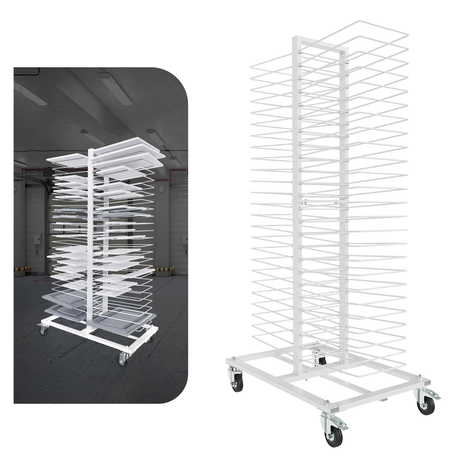 Gelacie 50 Shelves Paint Drying Stand Rack w/4 Caster for Dry Cabinet & Full Size Doors, Shelves, Paint Shops Door Painting Stand - Space Saving, Movable, 25lbs/Shelf Capacity White