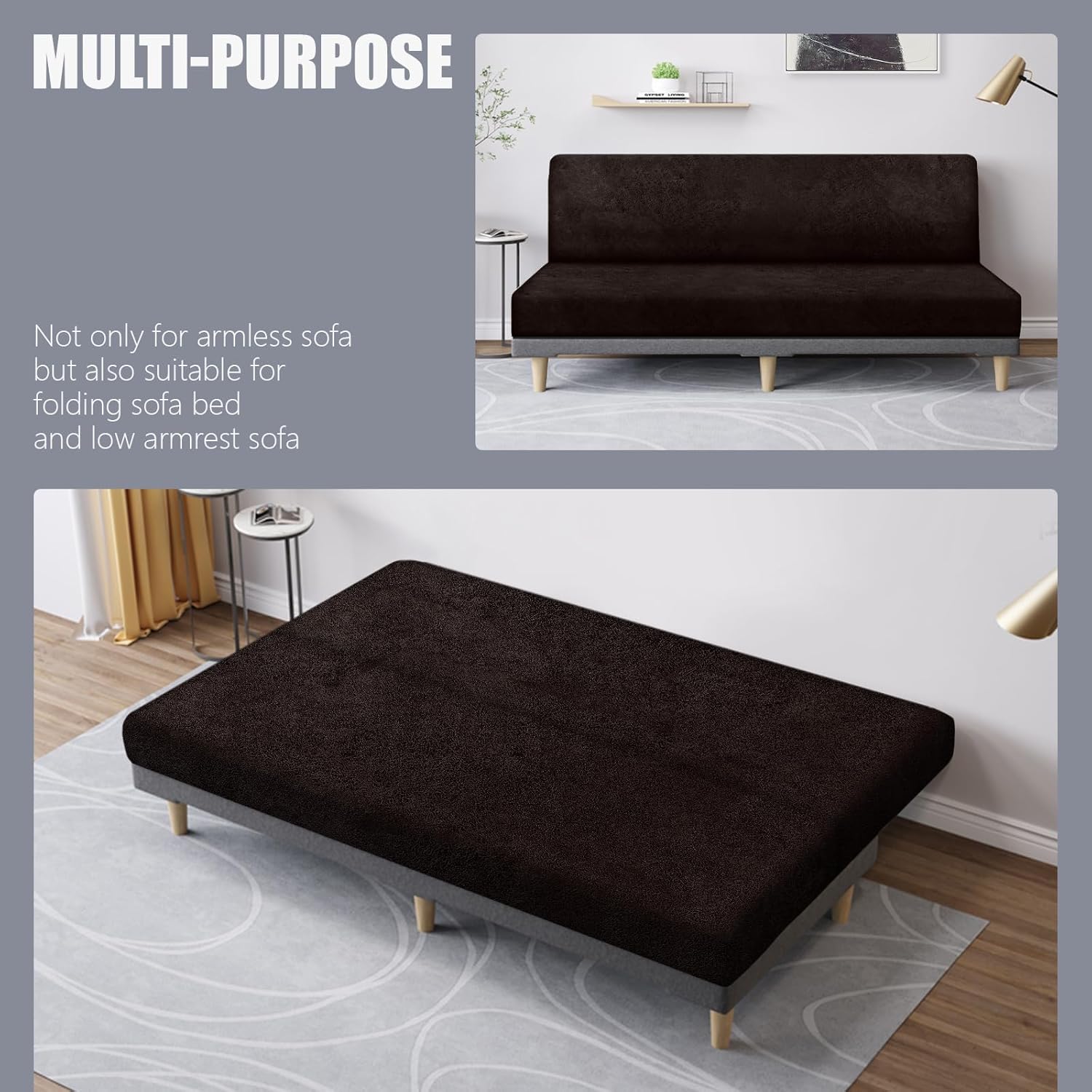 molasofa Leather Like Stretch Futon Slipcover Armless Sofa Cover Furniture Protector with Elastic Bottom, Soft and Washable Futon Cover for Sofa Bed （Larger，Chocolate）