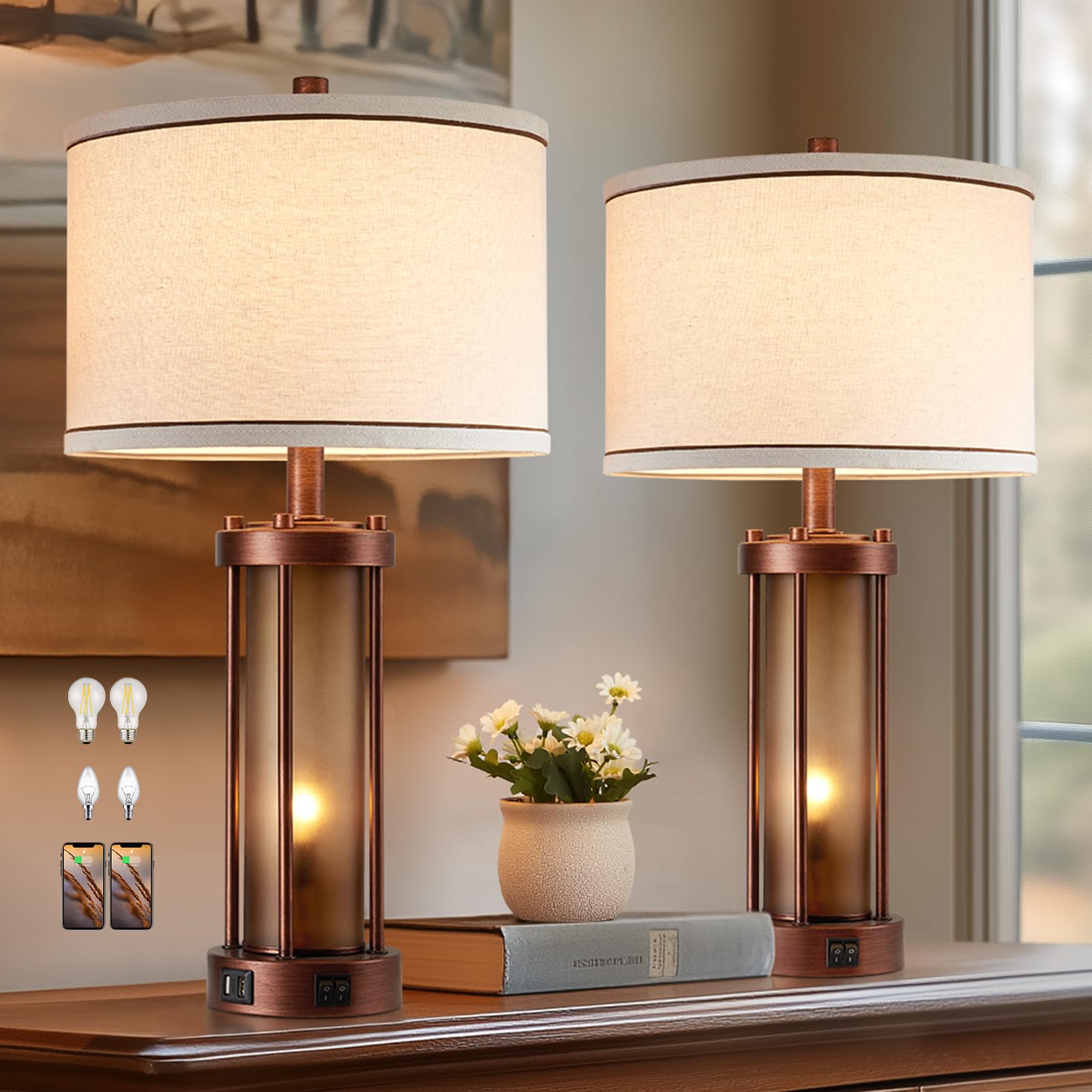 Set of 2 Farmhouse Table Lamps for Living Room, Rustic Bedside Lamps with 2 USB Charging Ports, Bedroom Nightstand Lamp with Amber Frosted Glass