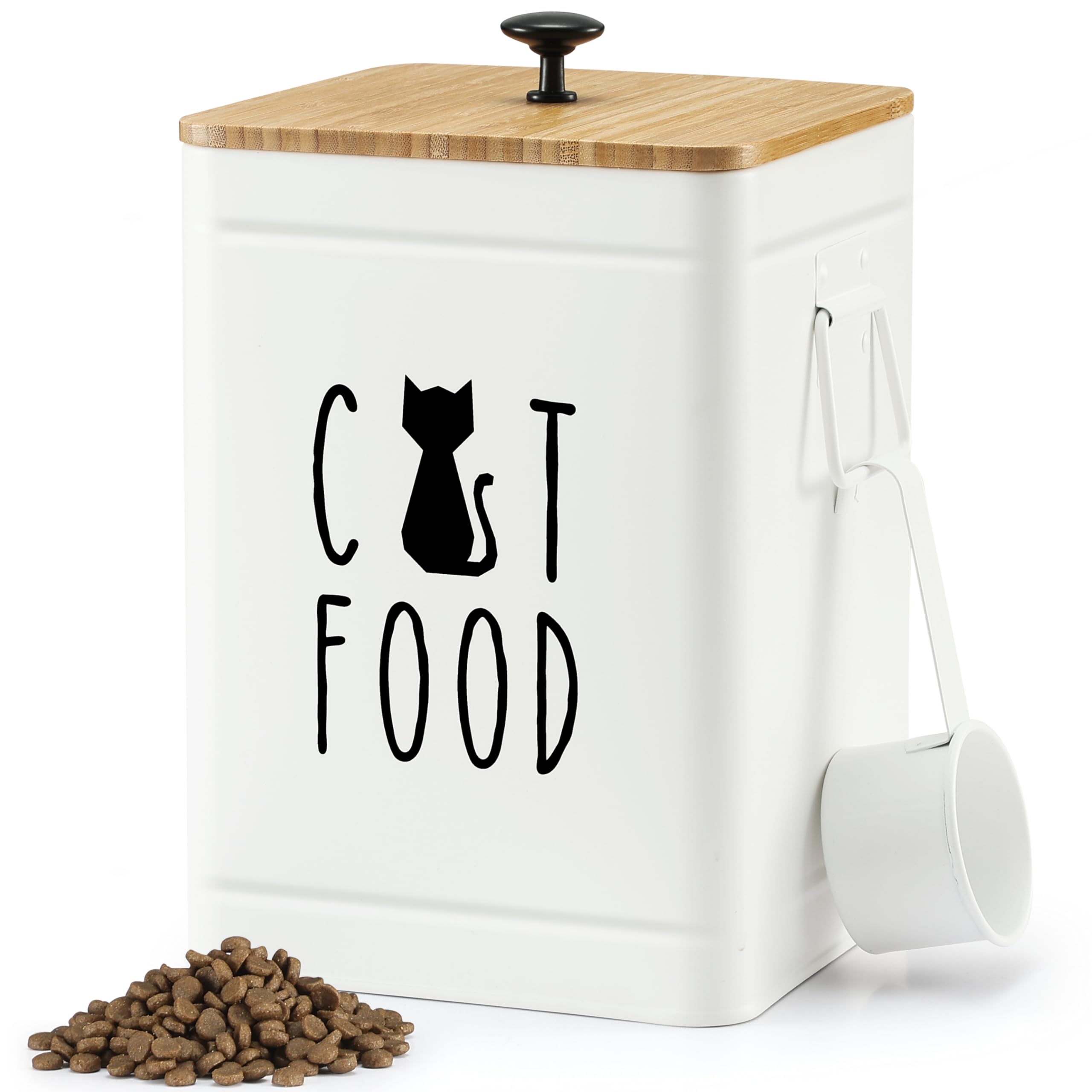 PERFNIQUE Récipient hermétique pour nourriture pour chat avec couvercle en bambou, 25 tasses, pour comptoir de cuisine, pots à friandises pour animaux domestiques, récipient alimentaire (blanc, avec