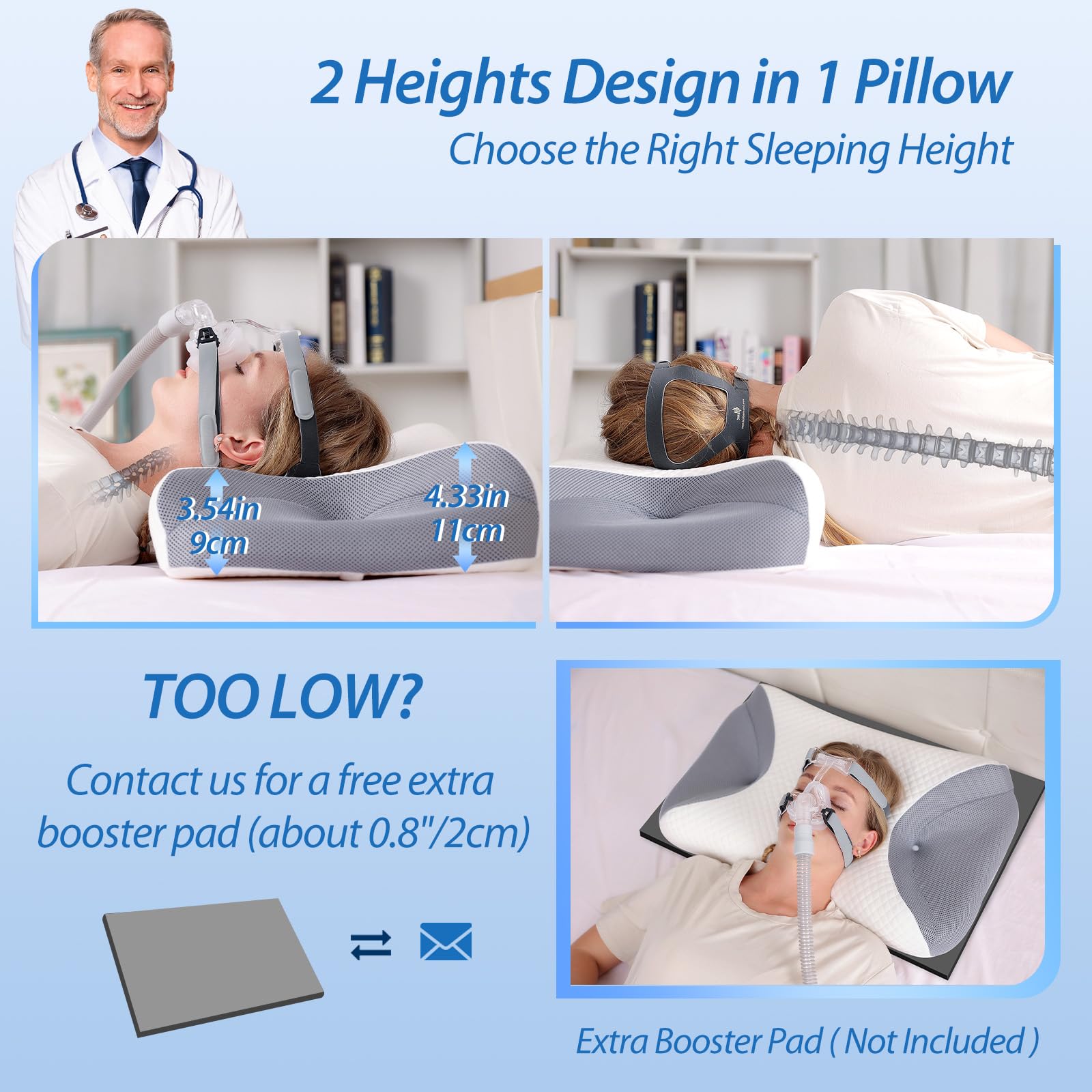 HOMCA CPAP Memory Foam Kissen für Alle CPAP-Masken, Ergonomisches Kissen für Seitenschläfer mit CPAP-Maskenrillen und Stützbereich, Reduziert Luftauslässe und Druck der Maske