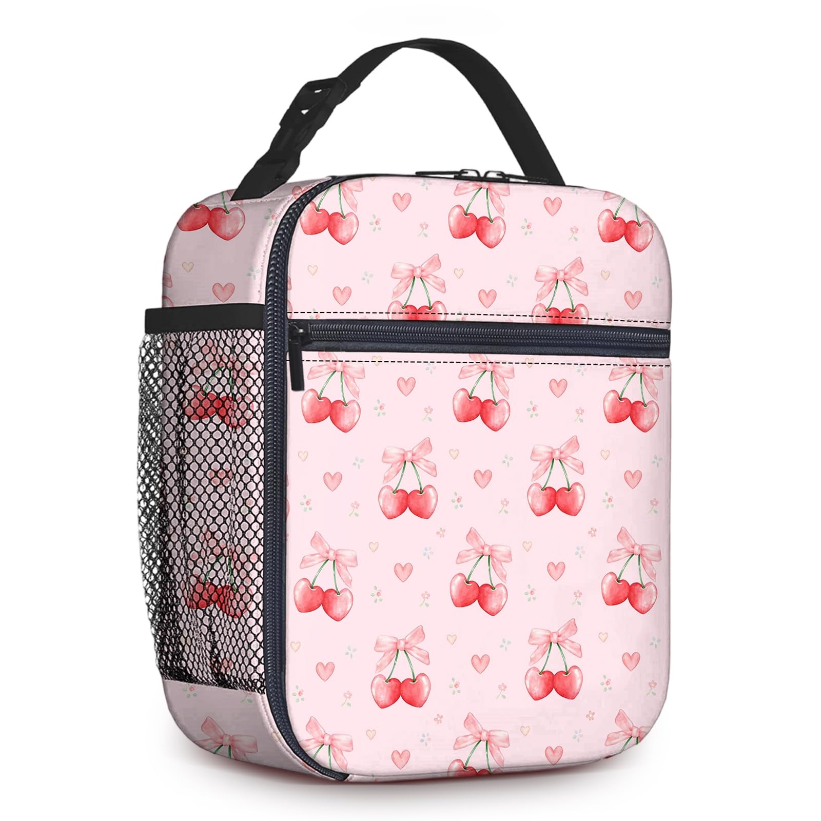 Bow Lunch Bags for Women Girls, Cherry Insulated Lunchbox Bag Adult with Top Handle Bottle Holder, Cute Lunchbox for Packing Hot or Cold Snacks, for Work, School, Picnic, Travel, Hiking, Bow Gifts