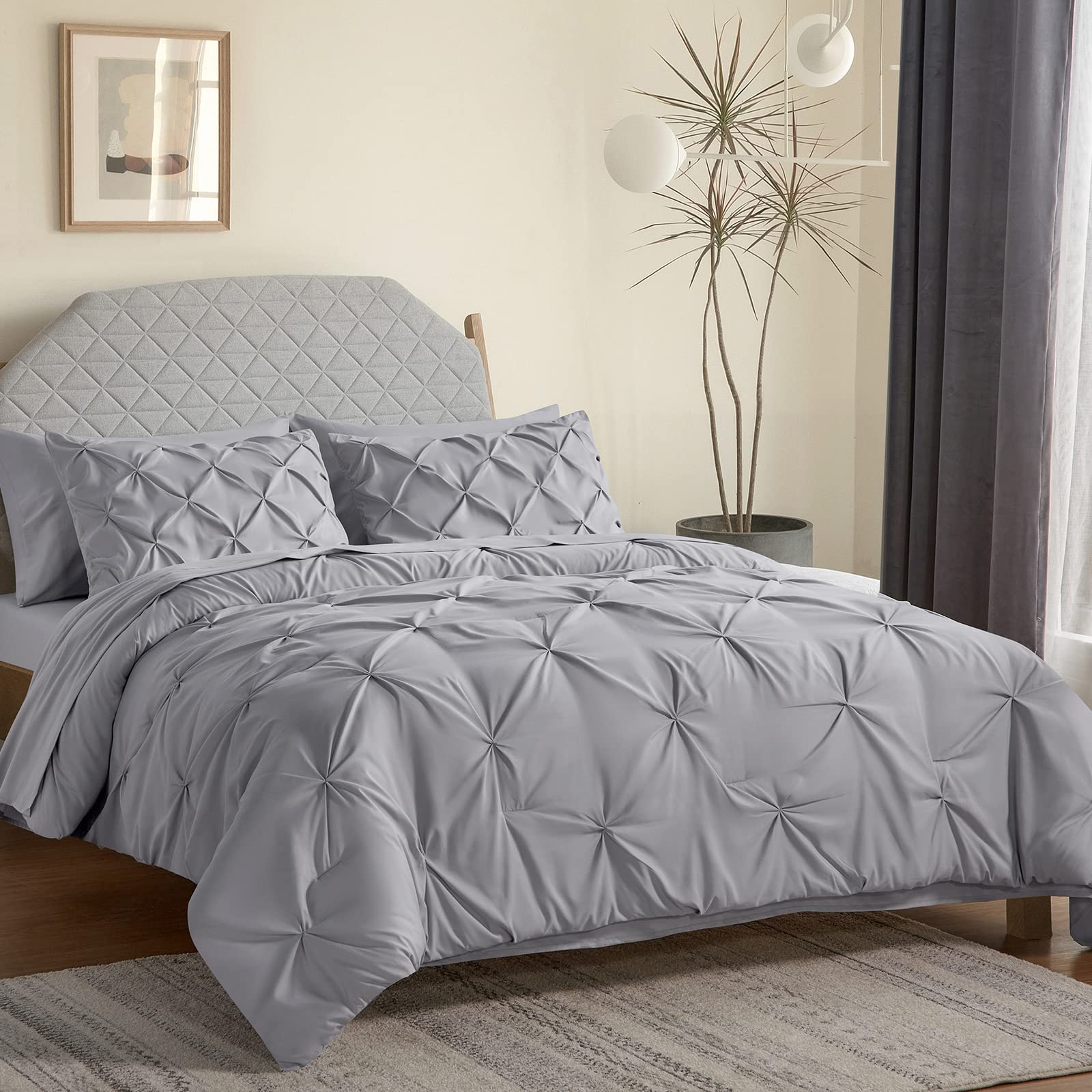CozyLux Full/Queen Comforter Set Light Grey 7 Pieces Pintuck Bed in A