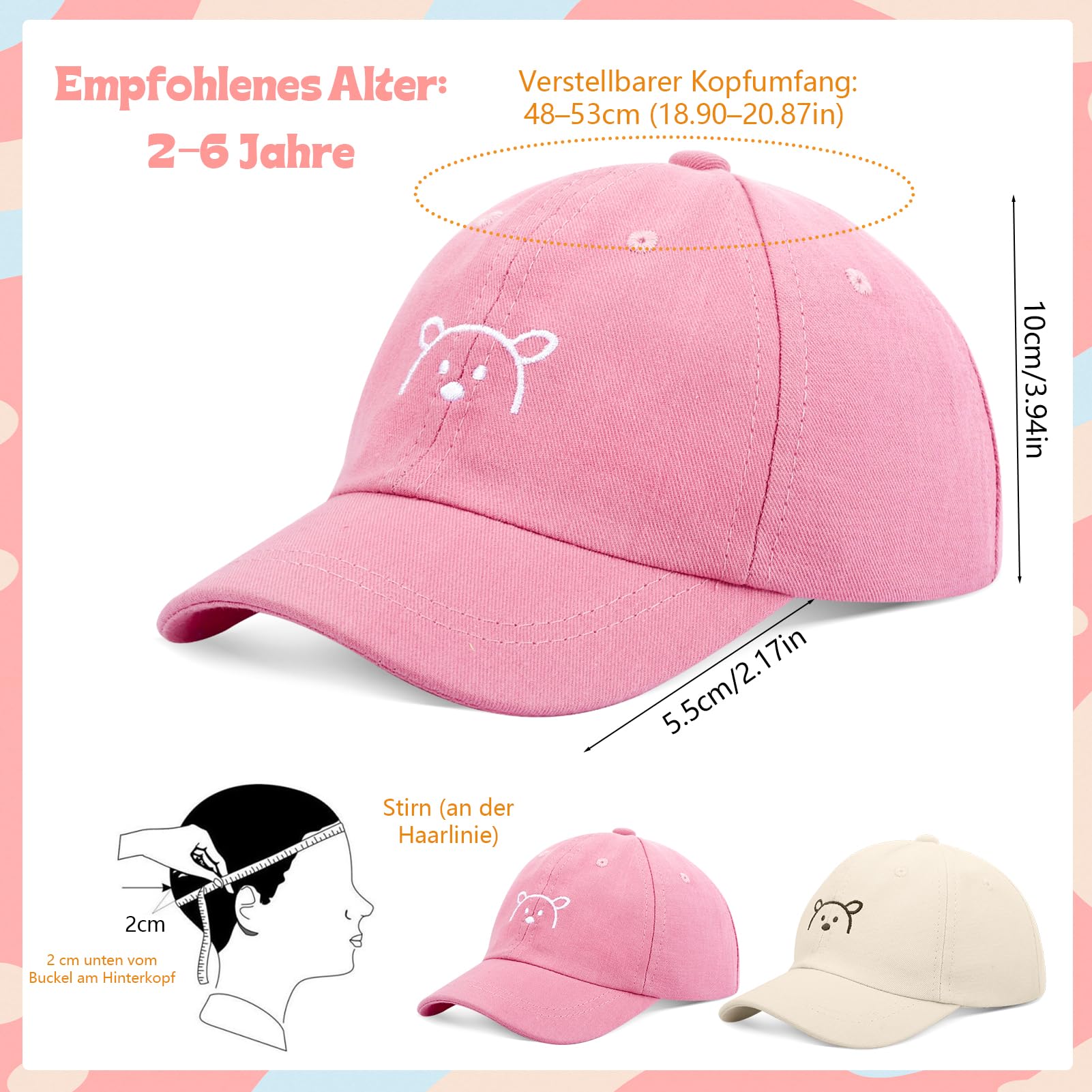 2 Paar Baby Kinder Baseball Cap, Verstellbar Sonnenhut Baby Kappe für 2–6 Jahre Junge Mädchen, Snapback Baumwolle Baseballmütze with Bärenmuster Kleinkind Sonnenhut