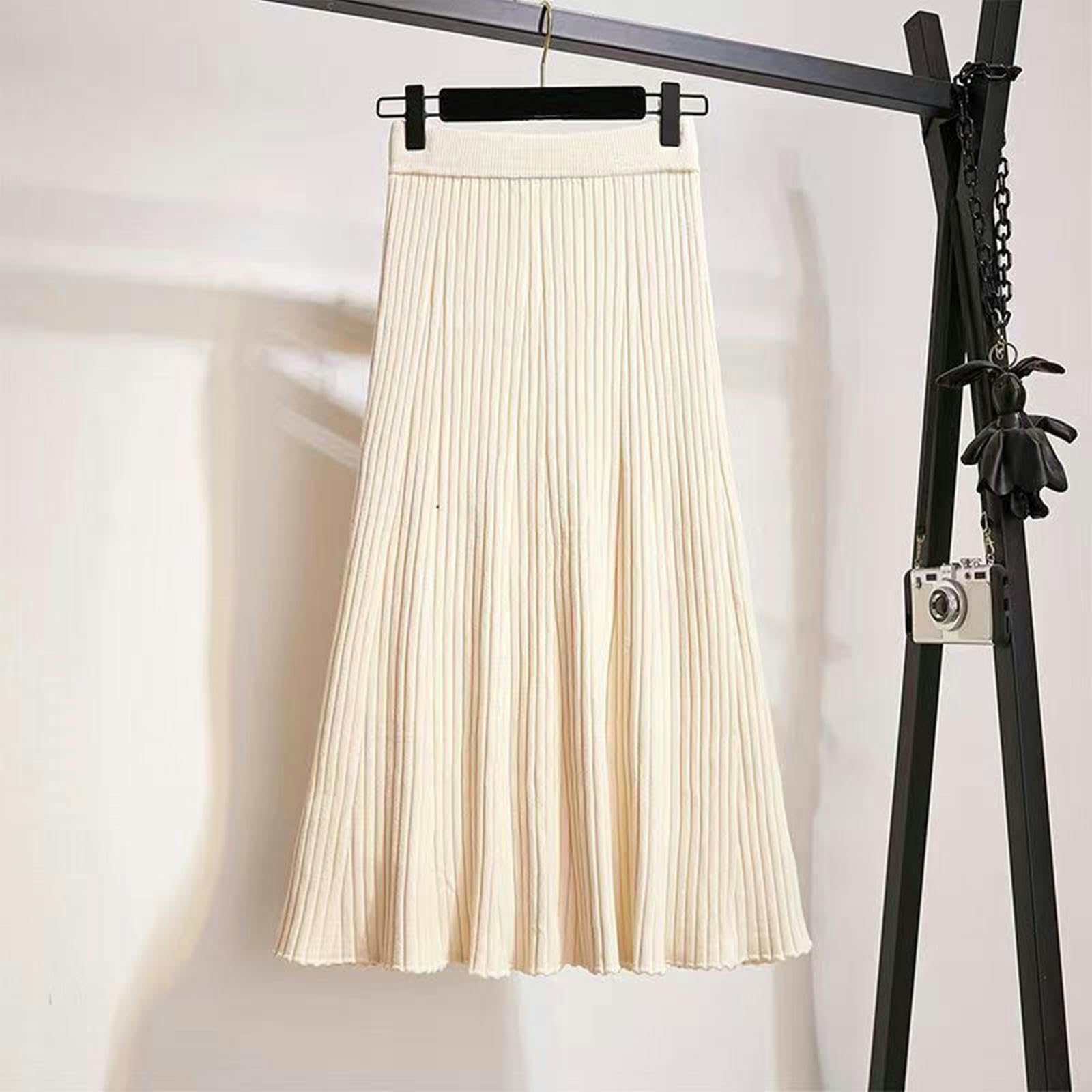 TEidea Falda Larga Mujer Falda Corta Femenina De Punto A En Otoño E Invierno, Falda Larga Plisada De Color Sólido, Falda Midi De Cintura Alta