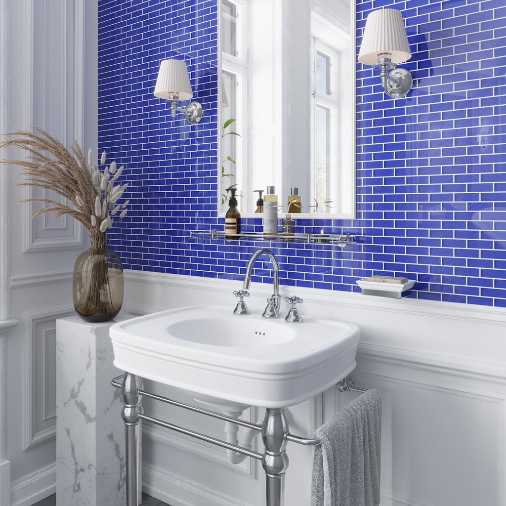 5-Pack Cobalt Blue Glass Brick Mosaic Tile – Mesh-Mounted 11.9"x11.9" Sheets, 1"x3" Chips – Covers 4.92 Sq Ft – NOT Peel & Stick Glossy Glass Tile for Kitchen Backsplash, Bathroom, Shower, Pool