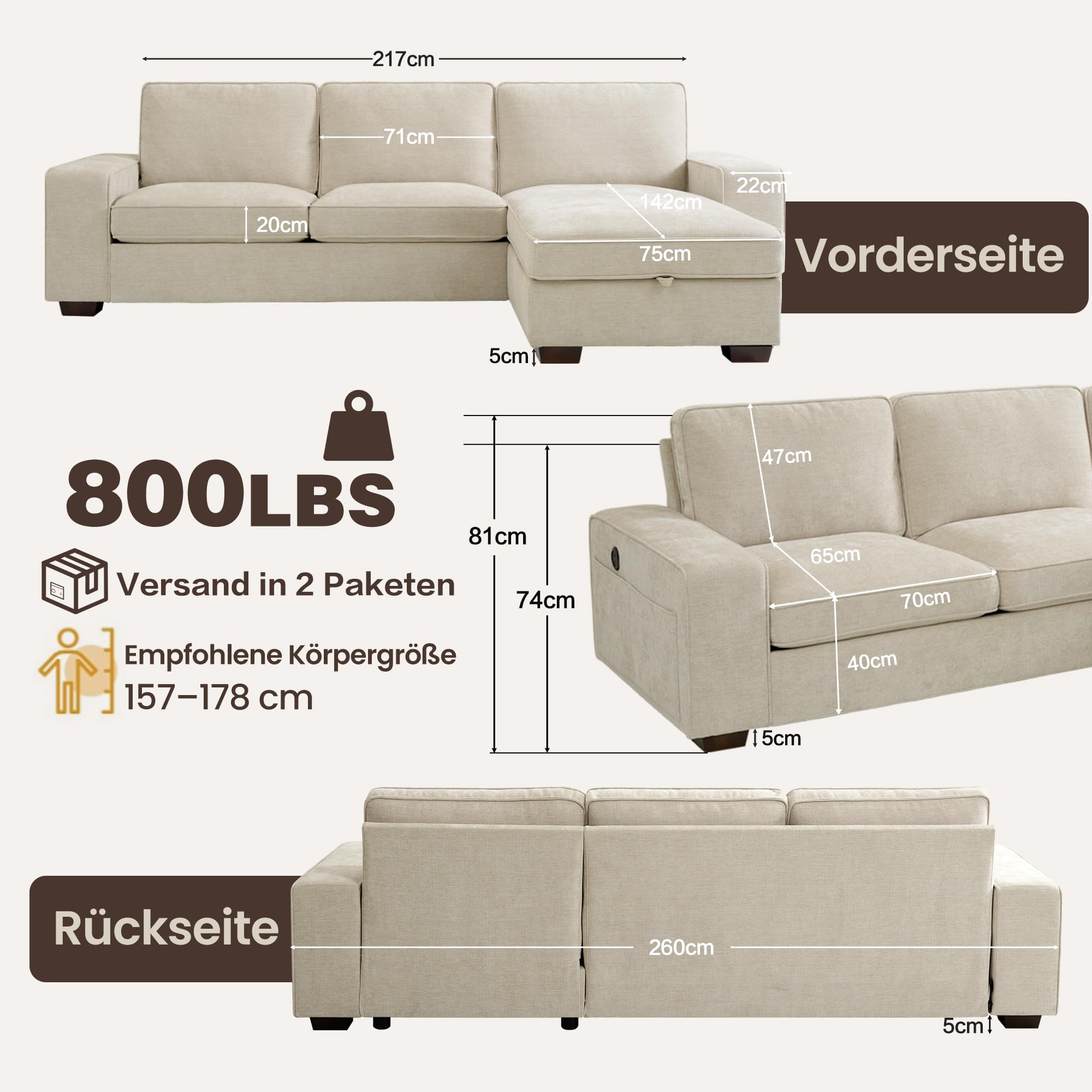 DUANDUAN Canapé sectionnel convertible 250 cm rangement chaise design moderne L tissu chenille confortable housses amovibles USB type C salon