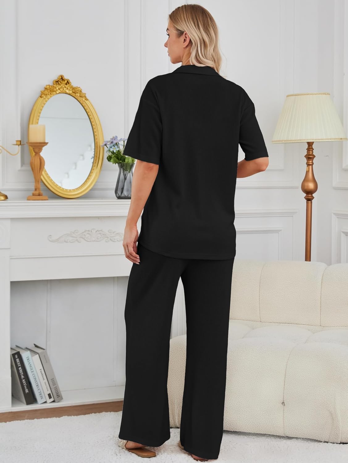 Kikibell Womens Pajama Sets 2 Piece Outfits Lounge Pjs Waffle Knit Sleepwear Button Down Shirts Wide Leg Pants with Pockets - Image 9