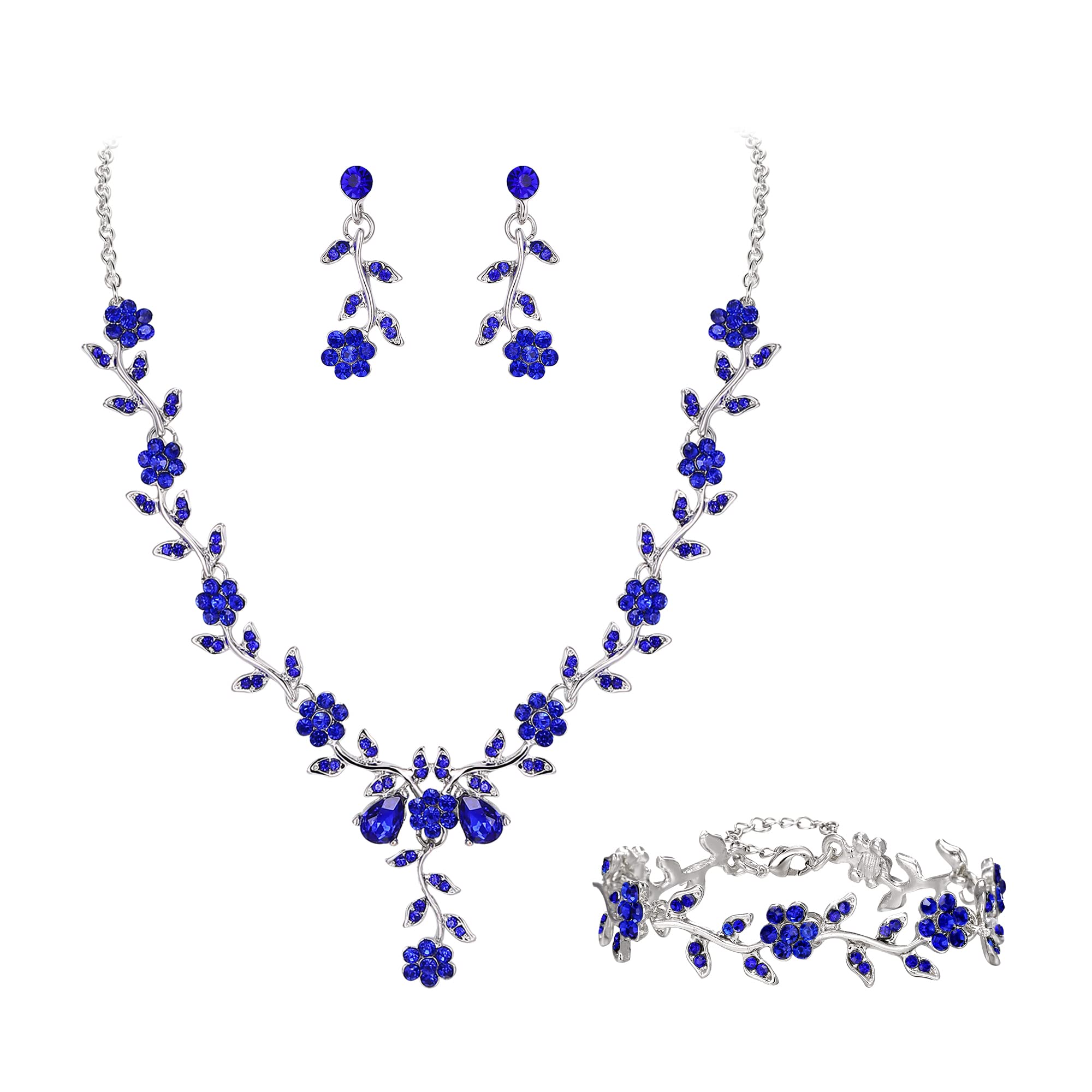 Parure Bijoux de Mariage Fête Feuille Fleur Cristal Collier Pendaison Boucles d'oreilles et Bracelet Set pour Femme Bleu Ton Noir