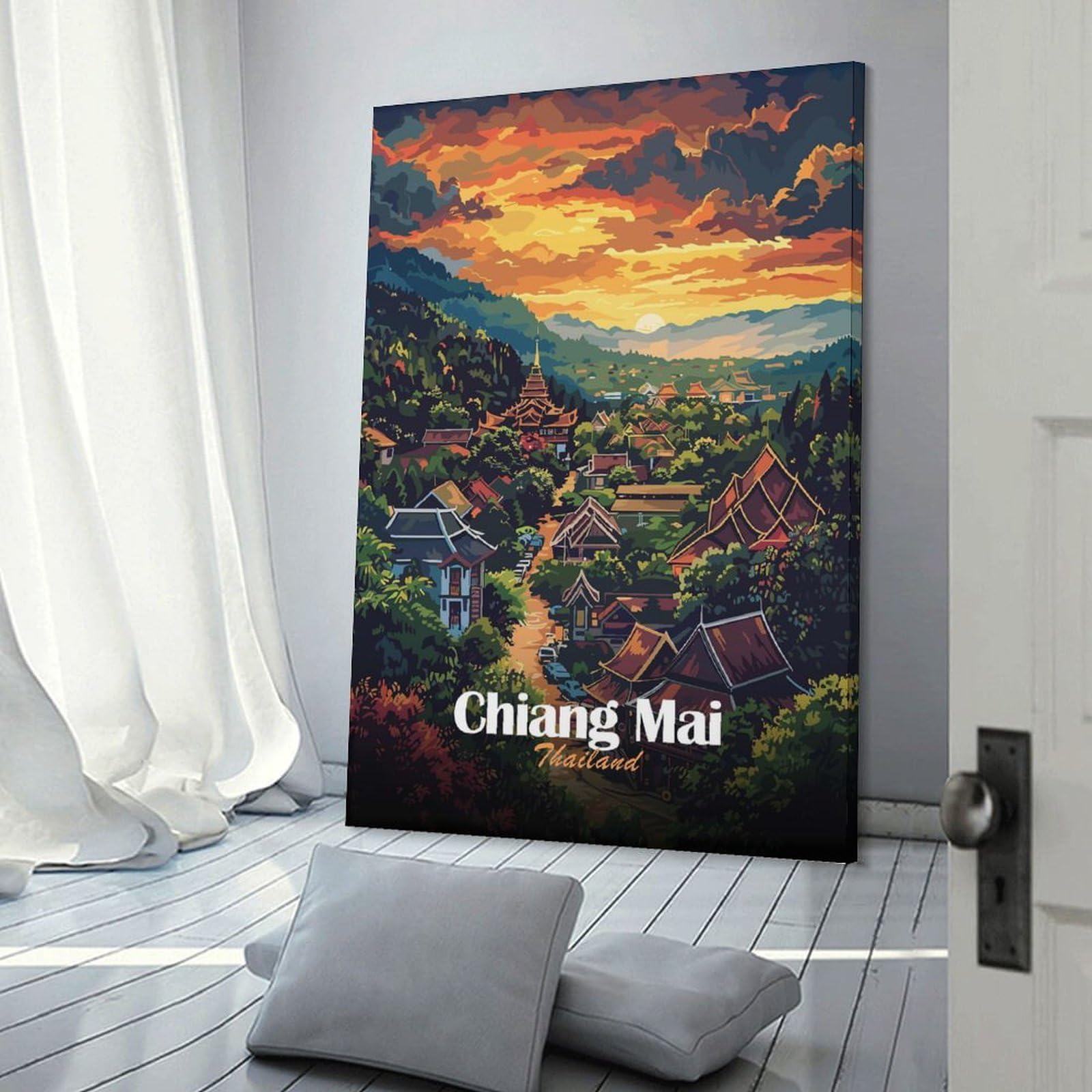 Junmoney Canvas Wall Decor Chiang Mai Thailand Landscape Art, 24x36inch(60x90cm), for Restful Interiors, Bedrooms Or Small Rooms, Canvas Wall Decor for Personal Spaces