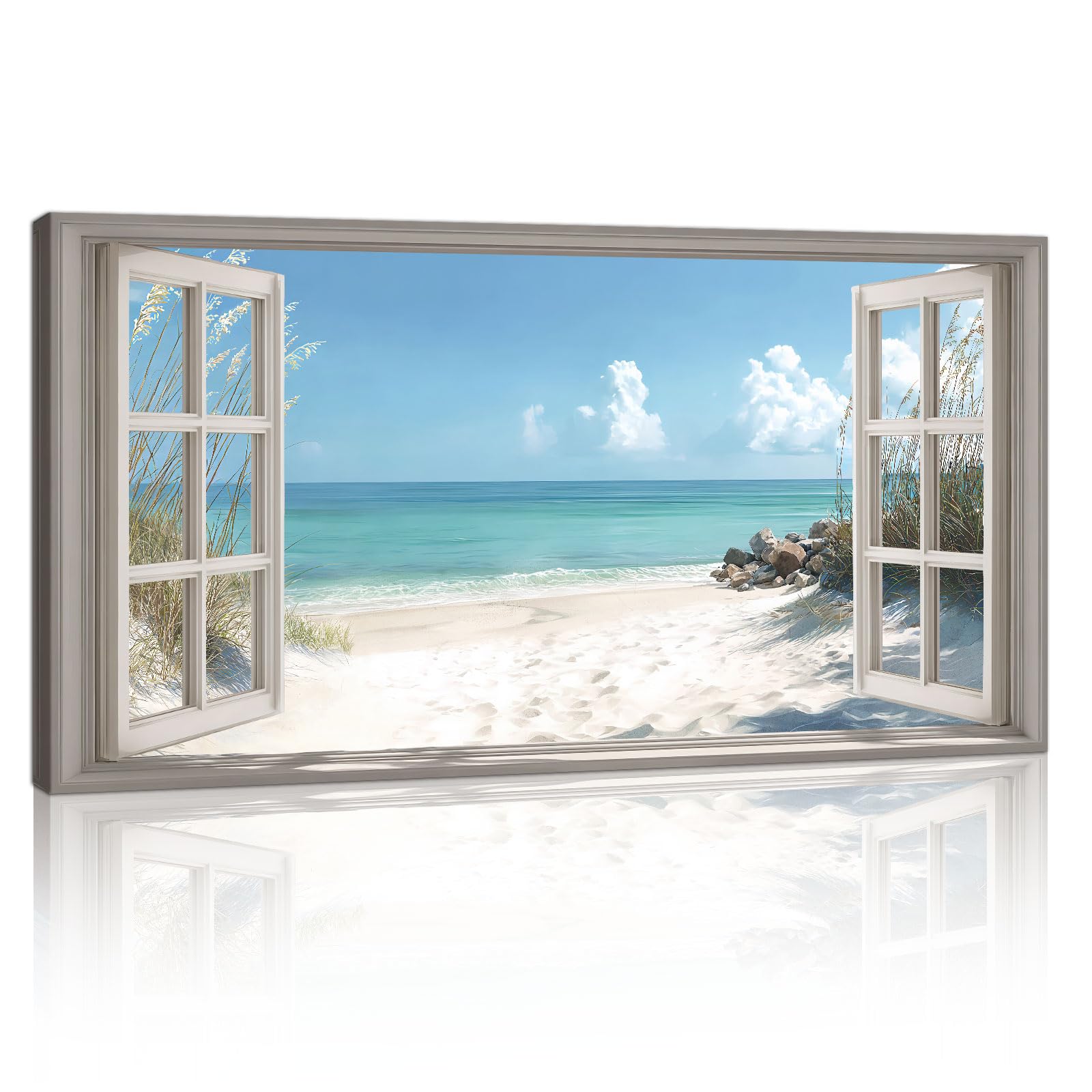 Playa Vista 3D Ventana Efecto Marco de Madera Cuadros Decoracion Salon Modernos Azul Costa Paisaje Pintura Lienzos Decor Natural Paisaje Cuadros Salón Pasillos Dormitorio Comedor Oficina 100x50cm