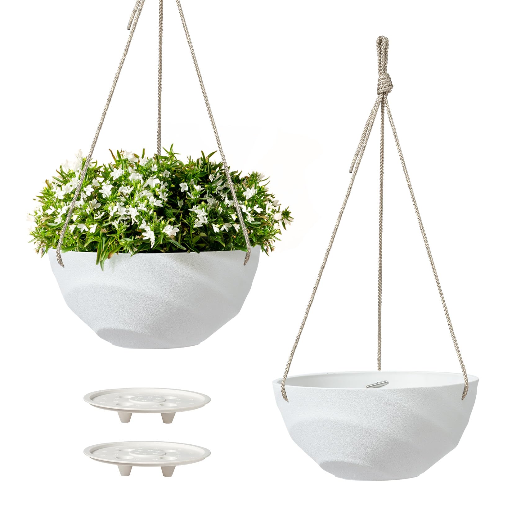 La Jolie Maison 10 Inch Hanging Planters for Indoor Plants, Outdoor Garden Planter Pots with Self-Watering Tray, Eggshell White, Set of 2