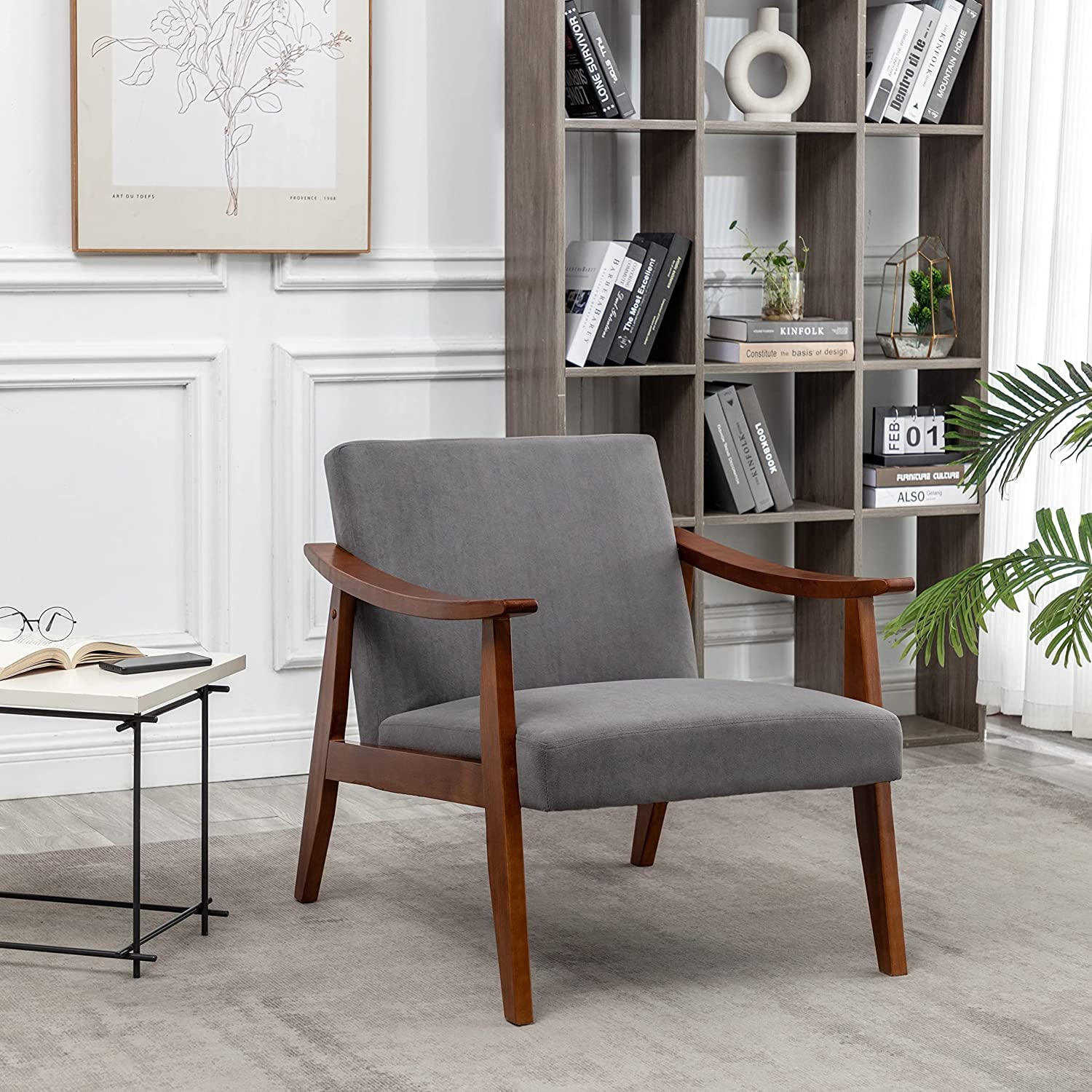 US Pride Furniture Classic Accent Chair with Velvet Upholstery and Robust Wood Frame, Armchair for Living Room, Bedroom or Office, 32.7" D x 27.2" W x 29.6" H, Grey