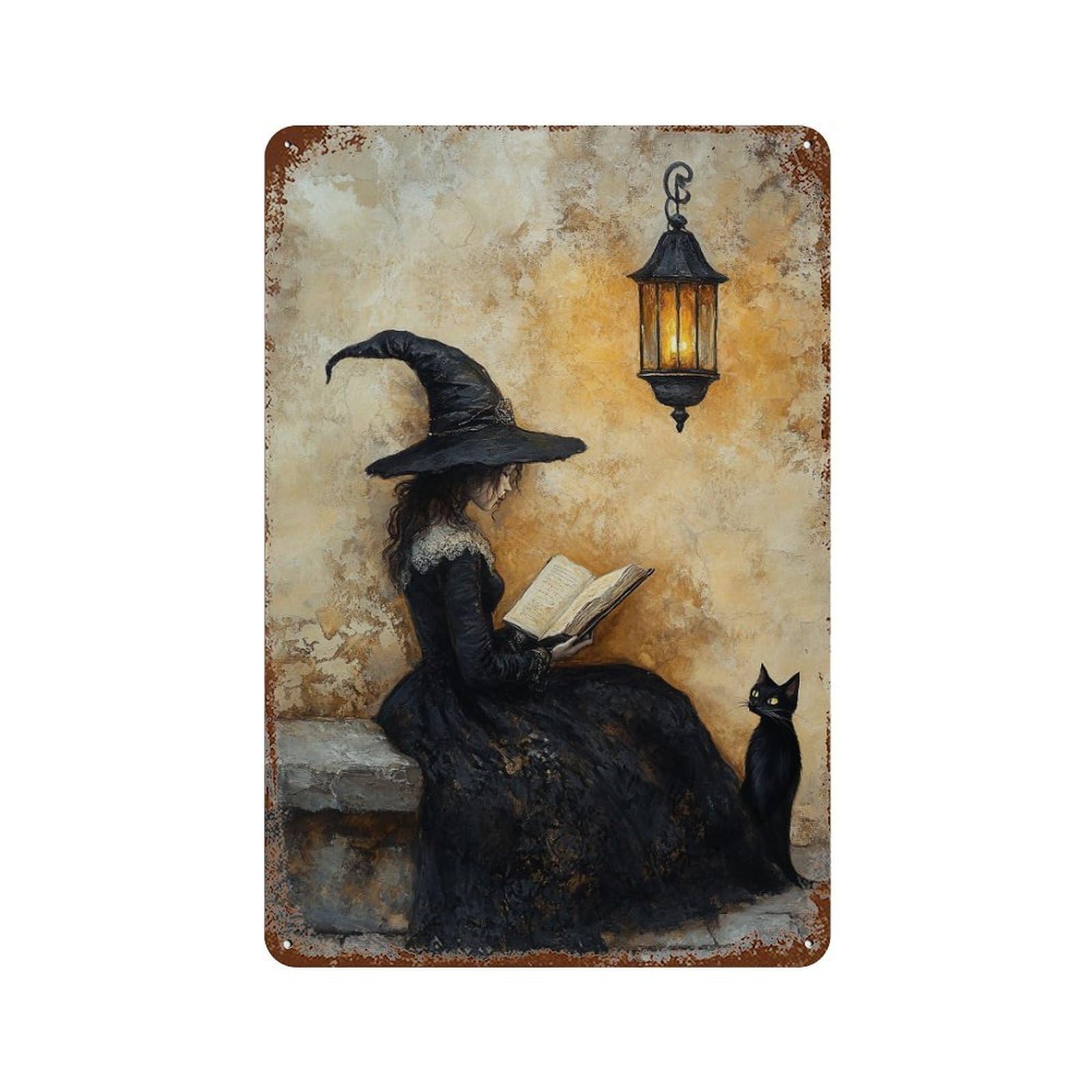 Witch Reading Book with Black Cat-1 Retro Metal Sign 11.8"x7.9", Novelty Wall Decor for Garage, Pub Or Kitchen