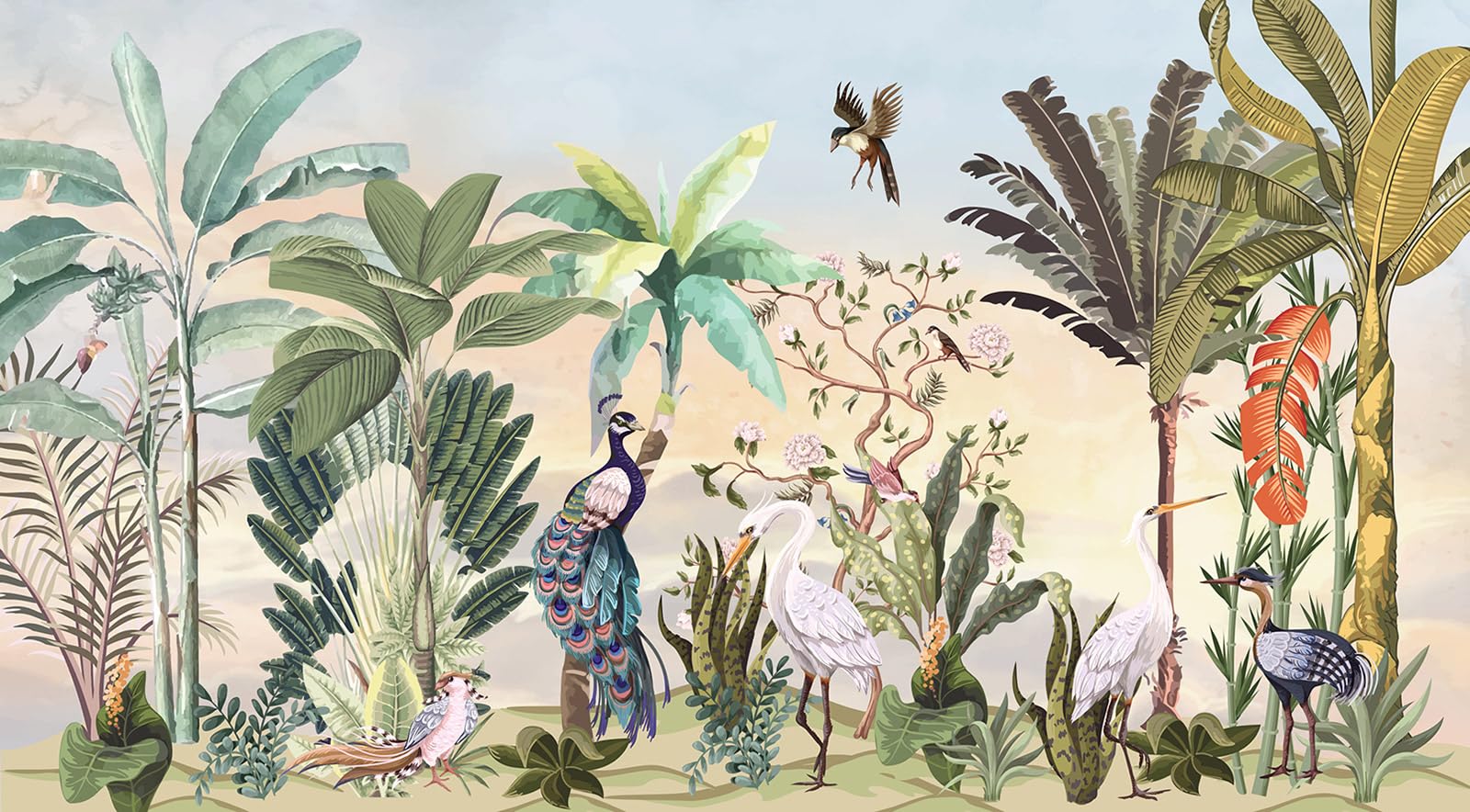 Papier peint panoramique jungle de style chic Lumalea, grand décor oiseaux 390x215 cm
