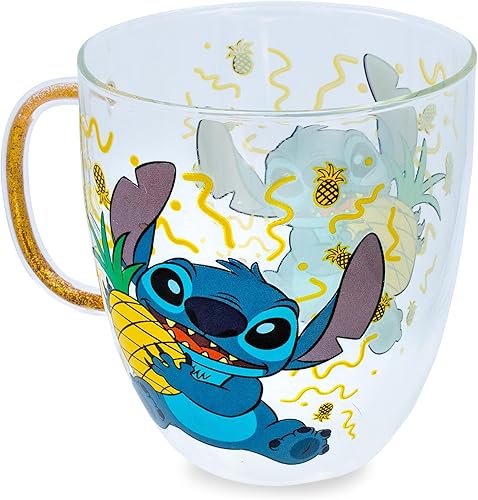 Miniatura 2 de Disney Lilo & Stitch - Taza de vidrio con diseño de piñas con mango de purpurina, taza de café para expreso, té con leche Boba | Capacidad para 14